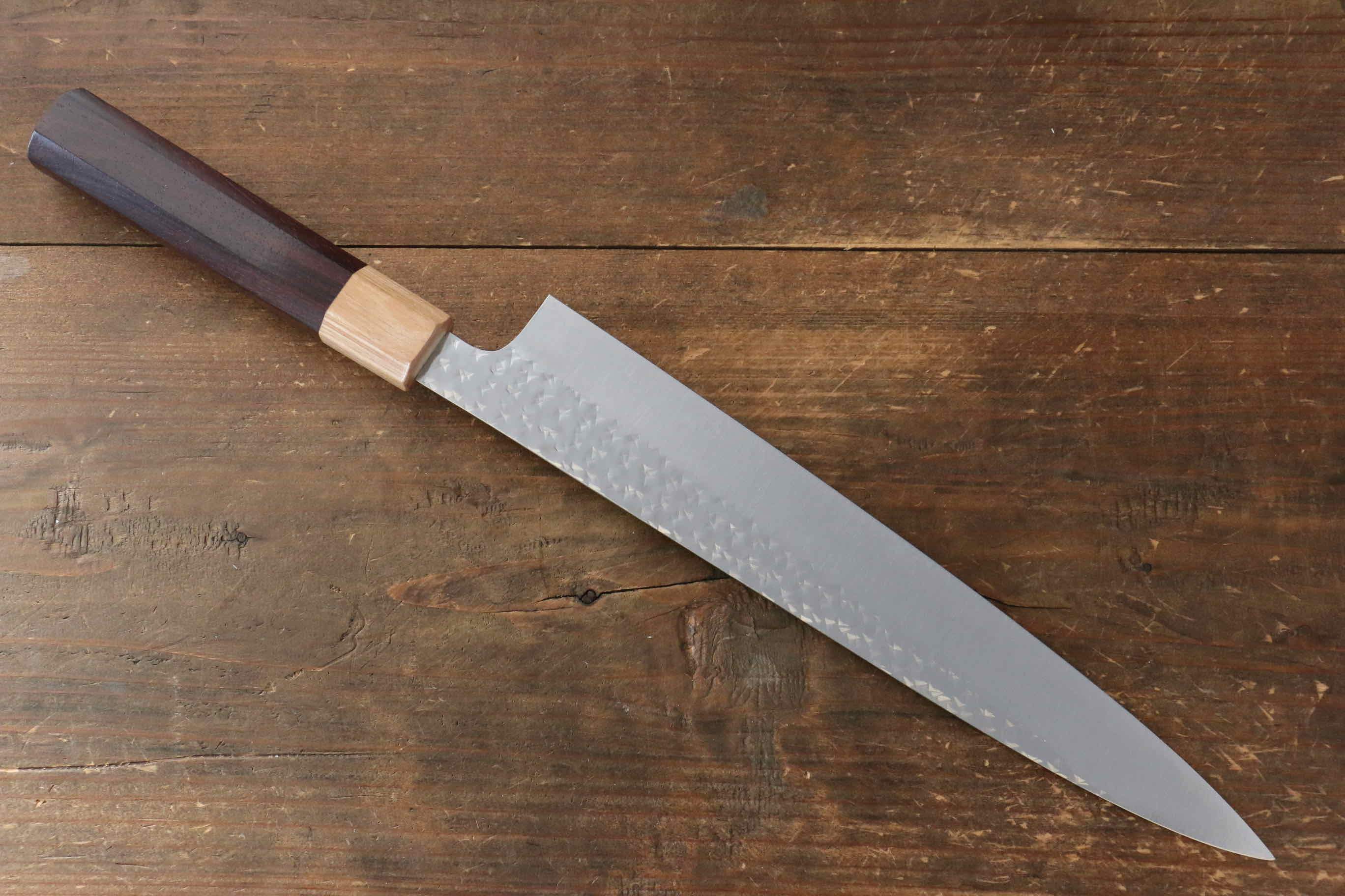 Yu Kurosaki Senko SG2 Hammered Sujihiki 240mm with Shitan Handle (Blonde Ferrule) - Seisuke Knife