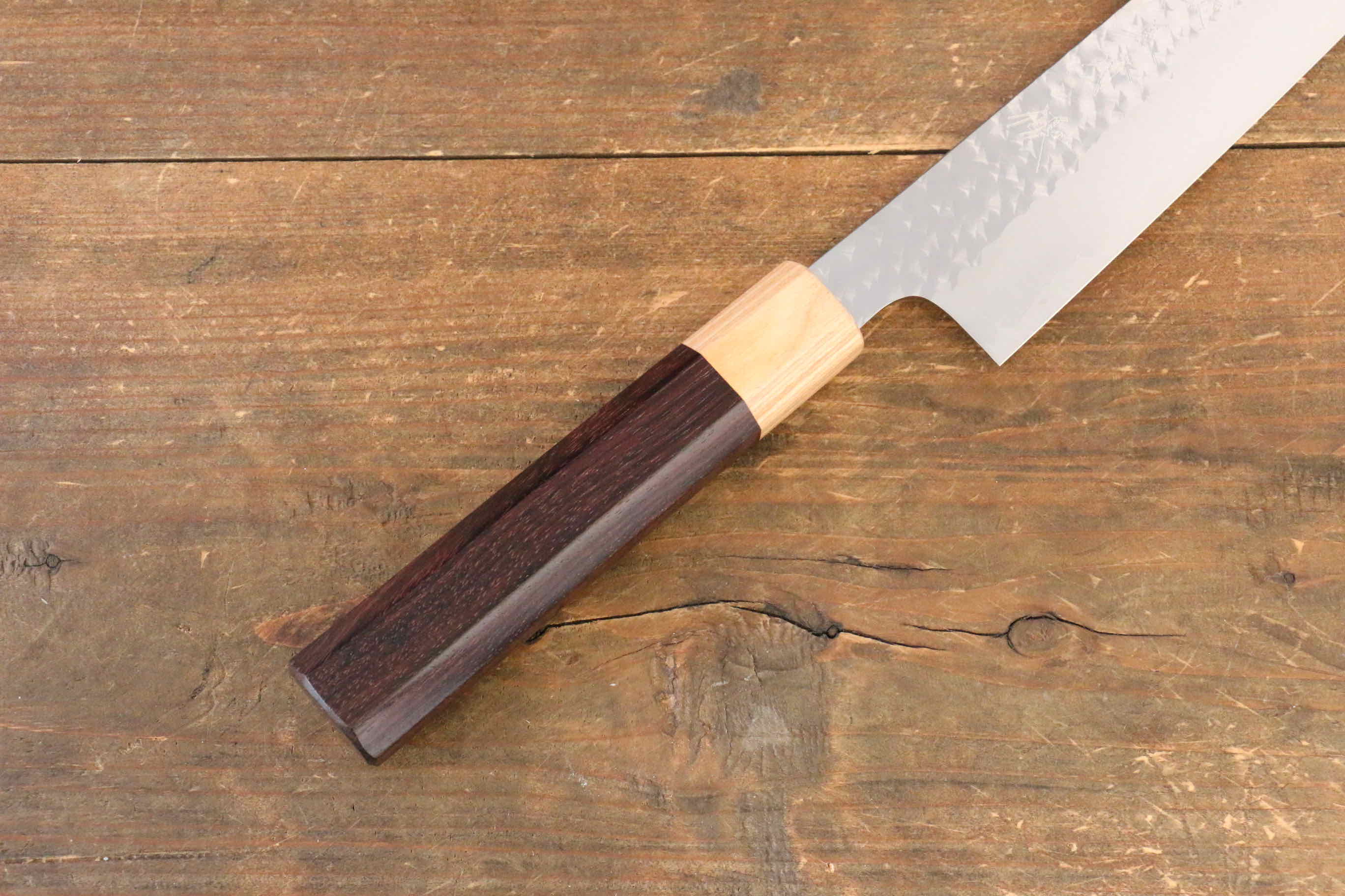 Yu Kurosaki Senko SG2 Hammered Sujihiki 240mm with Shitan Handle (Blonde Ferrule) - Seisuke Knife