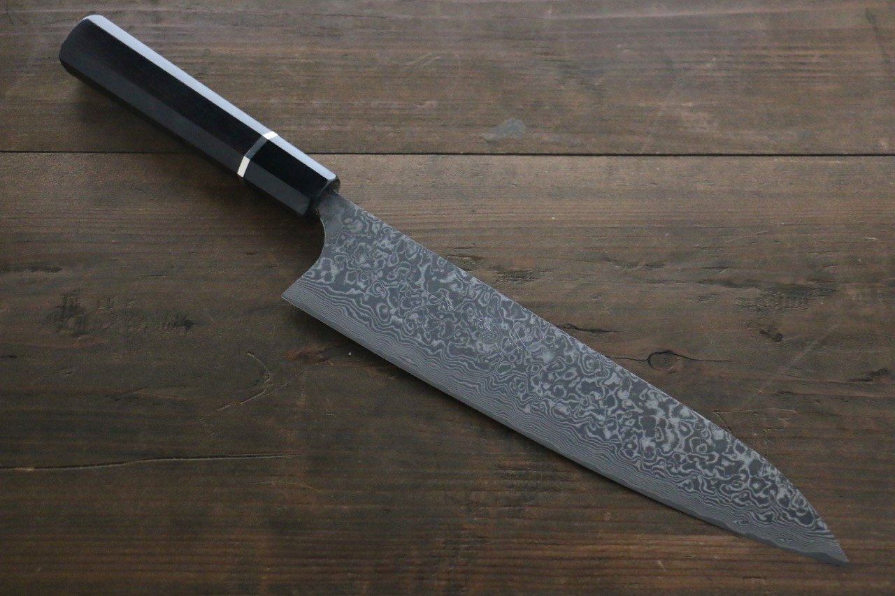 Takeshi Saji SG2 Black Damascus Gyuto 210mm Ebony Wood (with Silver Ring) Handle - Seisuke Knife