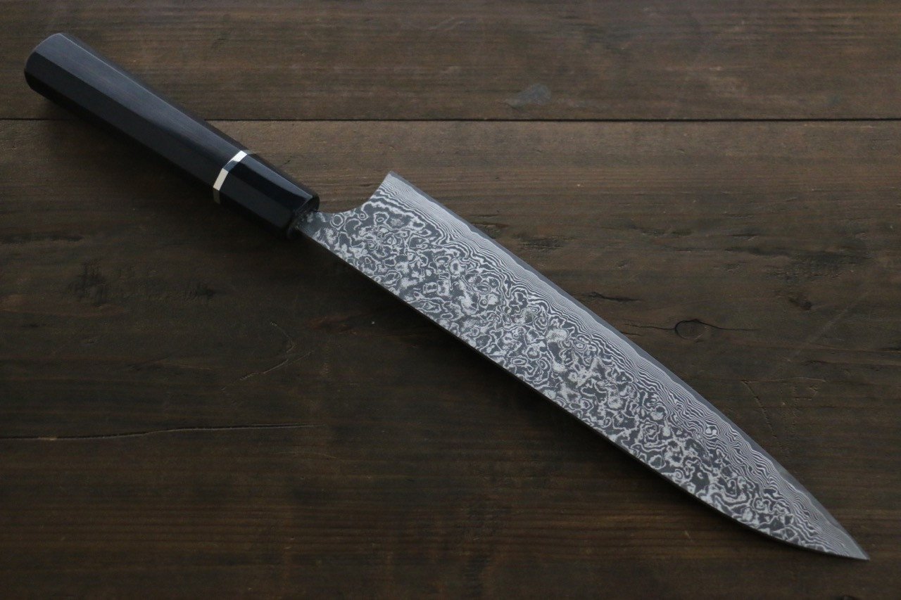 Takeshi Saji SG2 Black Damascus Gyuto 210mm Ebony Wood (with Silver Ring) Handle - Seisuke Knife