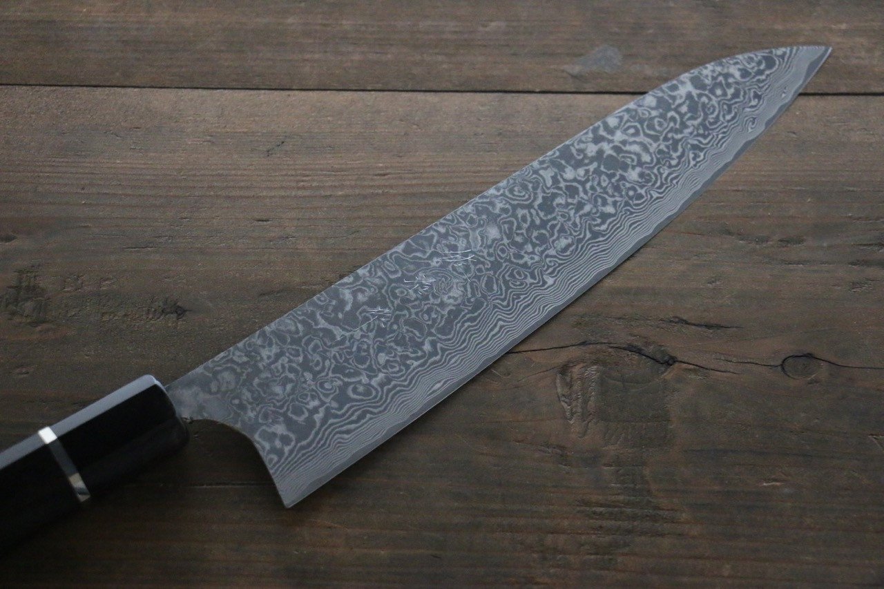 Takeshi Saji SG2 Black Damascus Gyuto 210mm Ebony Wood (with Silver Ring) Handle - Seisuke Knife