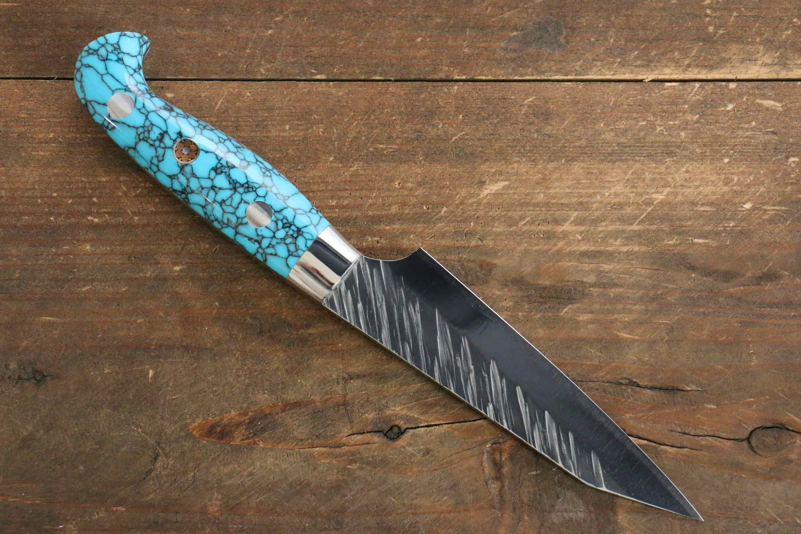 Yu Kurosaki Fujin SG2 Hammered Damascus Petty-Utility 100mm Turquoise Handle - Seisuke Knife