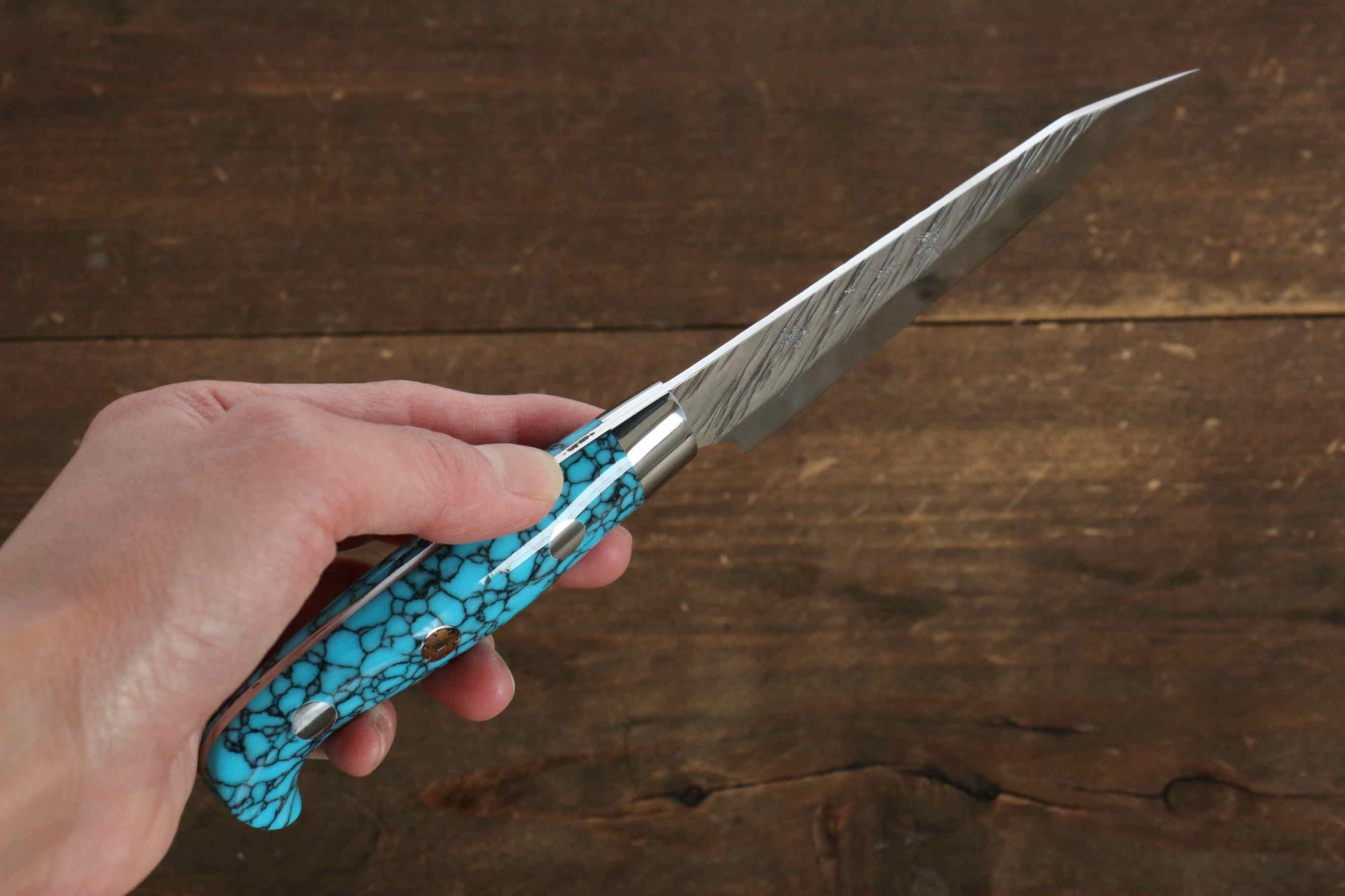 Yu Kurosaki Fujin SG2 Hammered Damascus Petty-Utility 100mm Turquoise Handle - Seisuke Knife