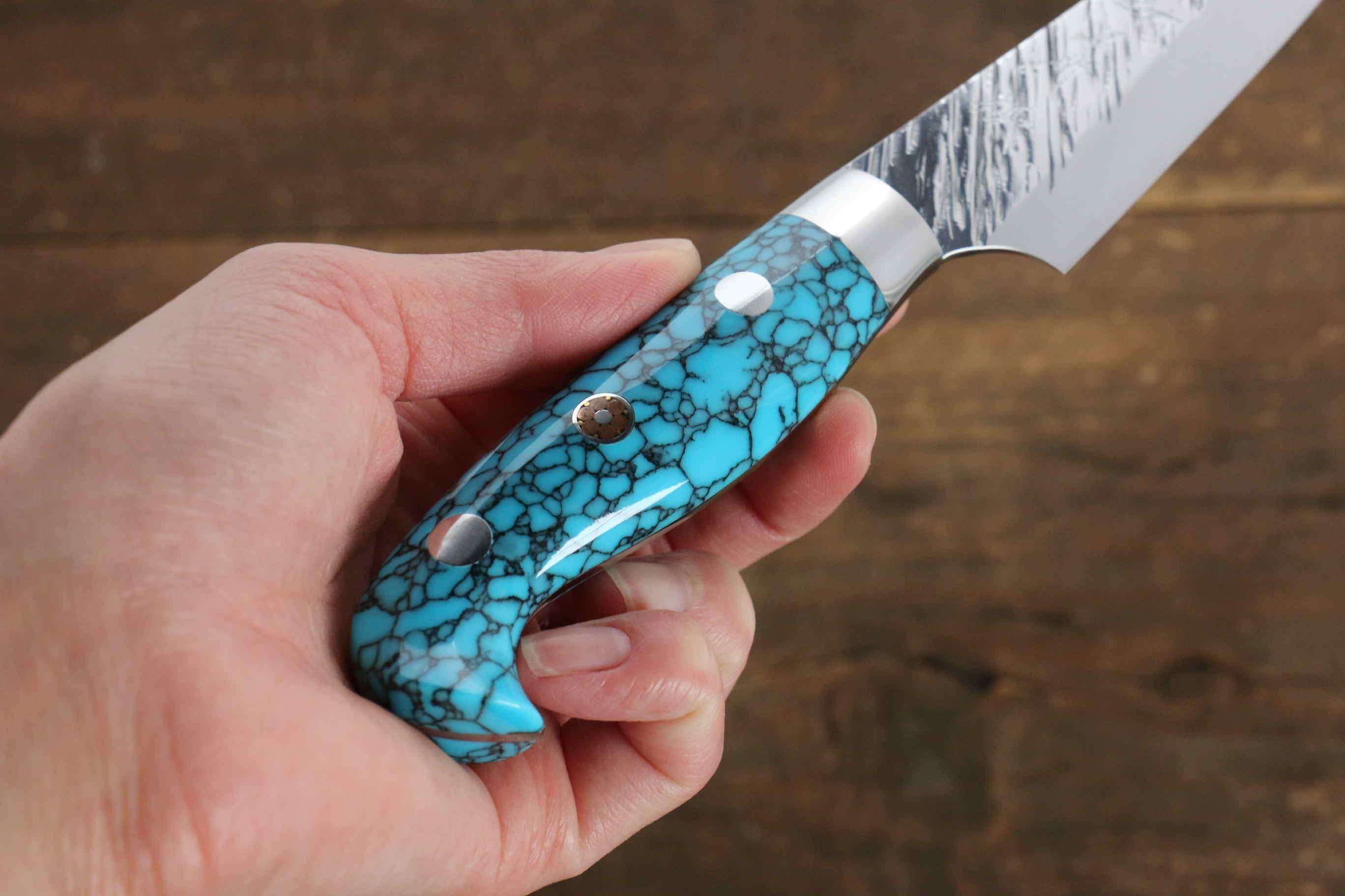 Yu Kurosaki Fujin SG2 Hammered Damascus Petty-Utility 100mm Turquoise Handle - Seisuke Knife