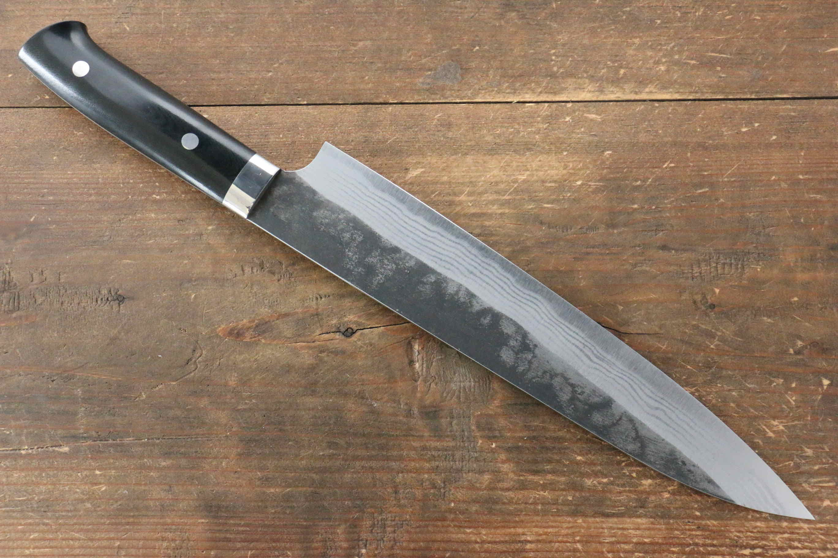 Takeshi Saji Blue Super Kurouchi Hammered Gyuto 240mm Black Micarta Handle - Seisuke Knife