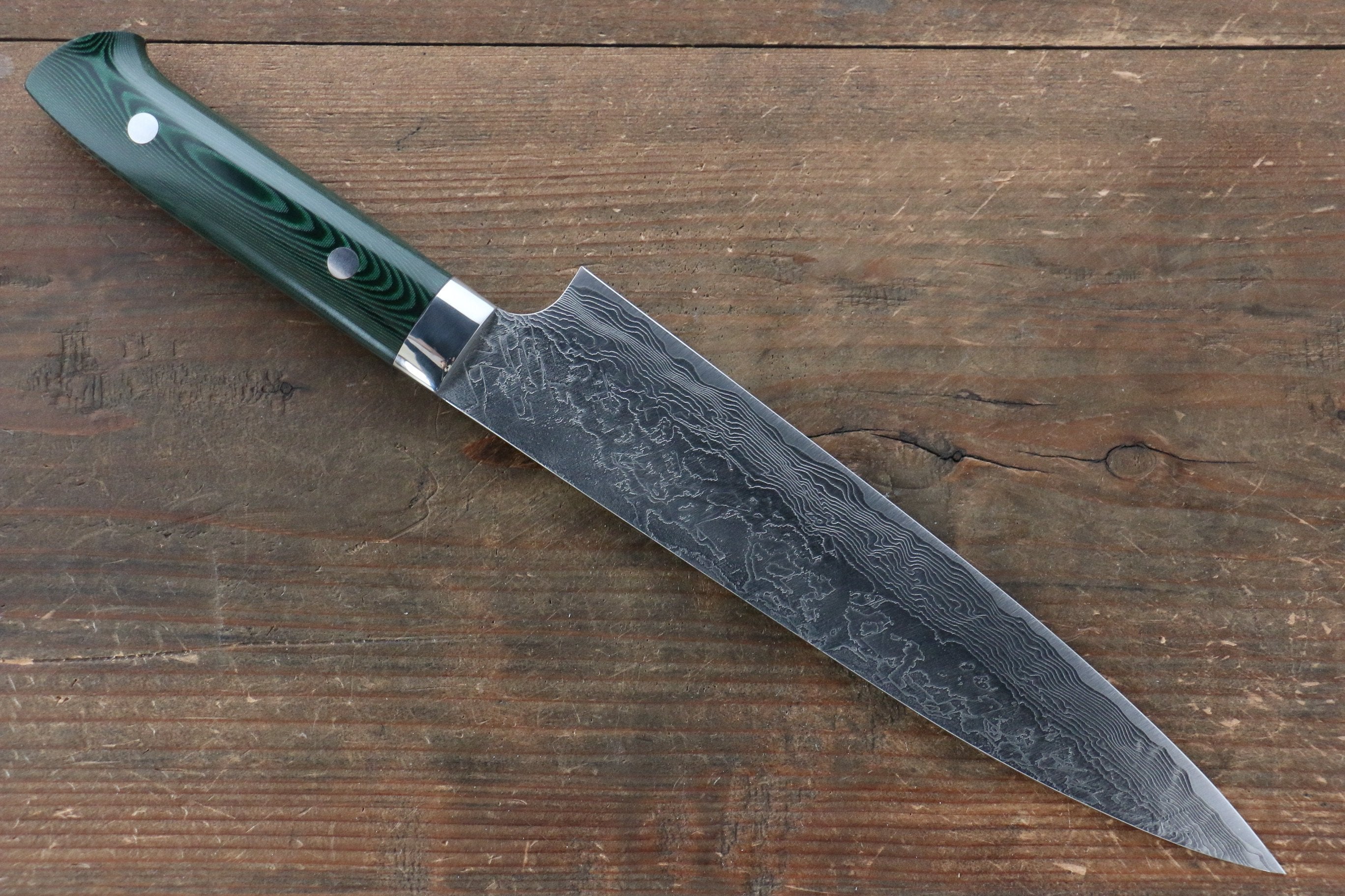 Takeshi Saji SG2 Diamond Finish Damascus Gyuto 210mm Green Micarta Handle - Seisuke Knife