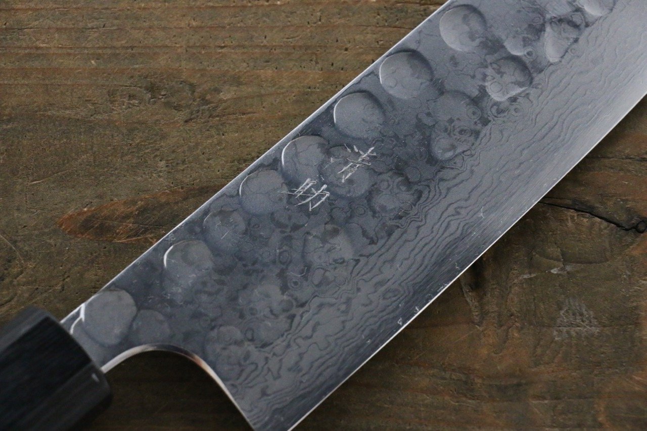 Seisuke Blue Steel No.2 Hammered Damascus Santoku 180mm Shitan Handle - Seisuke Knife