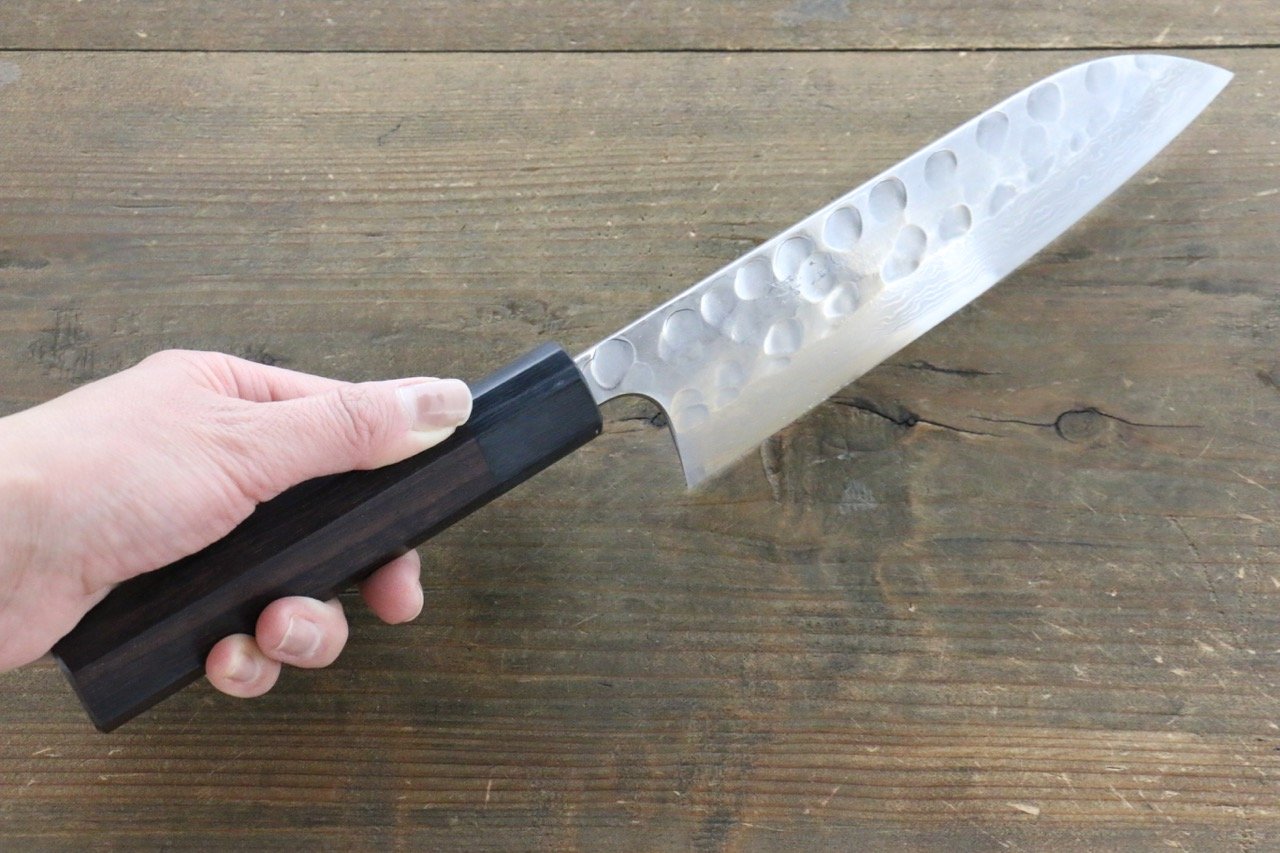 Seisuke Blue Steel No.2 Hammered Damascus Santoku 180mm Shitan Handle - Seisuke Knife