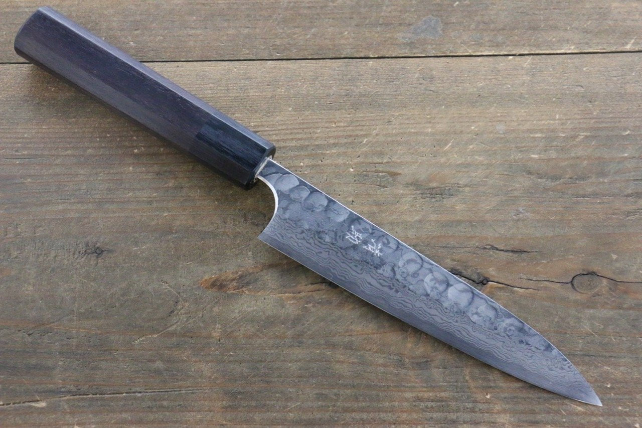 Seisuke Blue Steel No.2 Hammered Damascus Petty-Utility 150mm Shitan Handle - Seisuke Knife