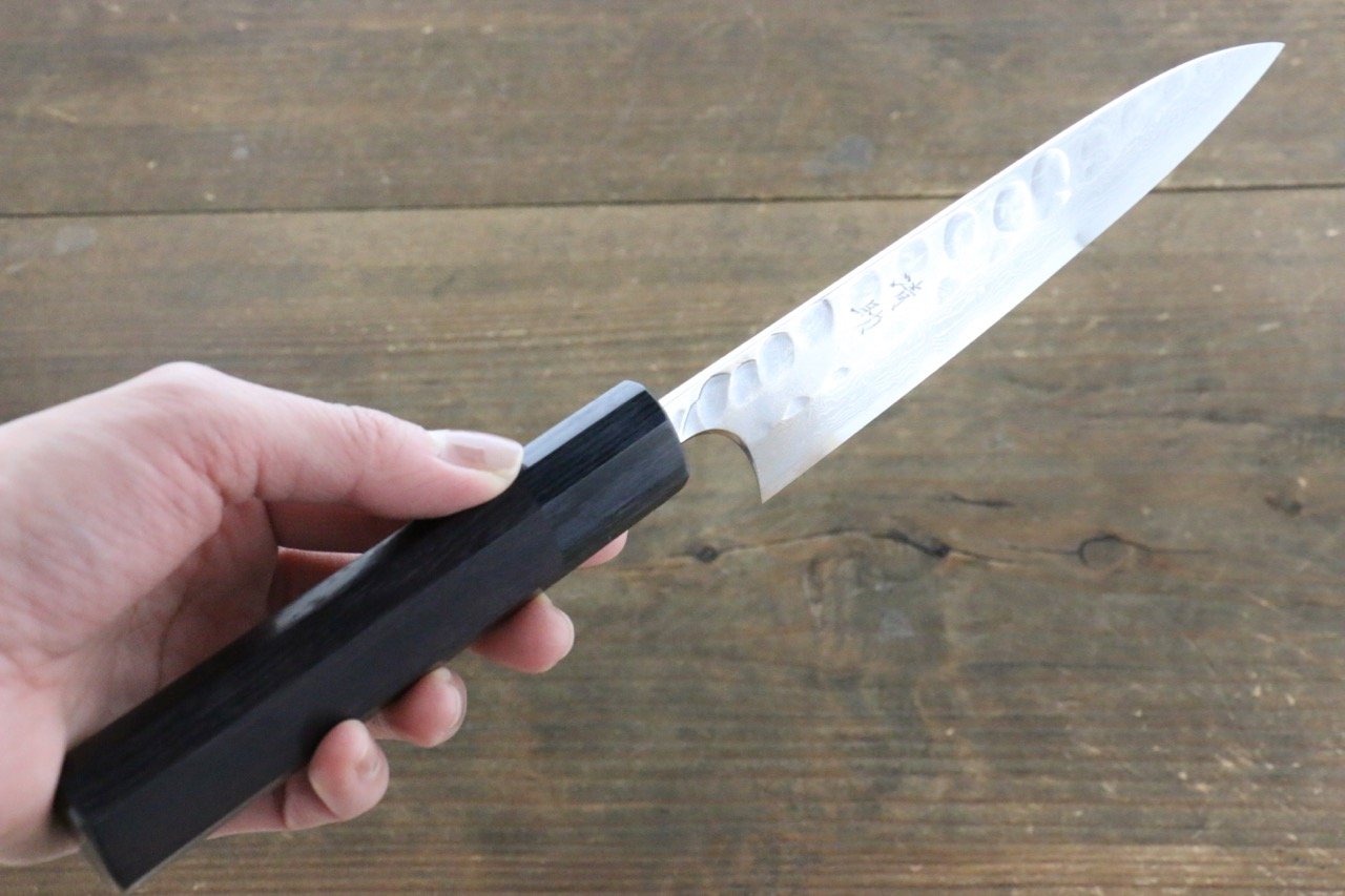 Seisuke Blue Steel No.2 Hammered Damascus Petty-Utility 150mm Shitan Handle - Seisuke Knife