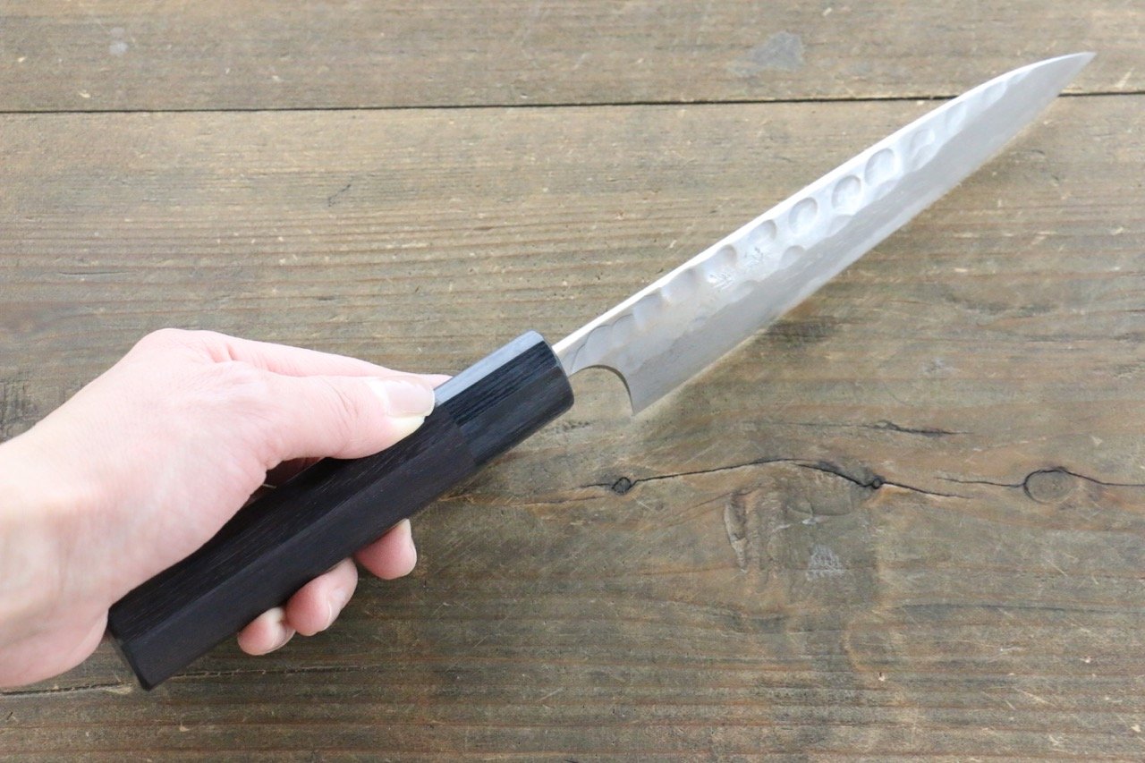 Seisuke Blue Steel No.2 Hammered Damascus Petty-Utility 150mm Shitan Handle - Seisuke Knife