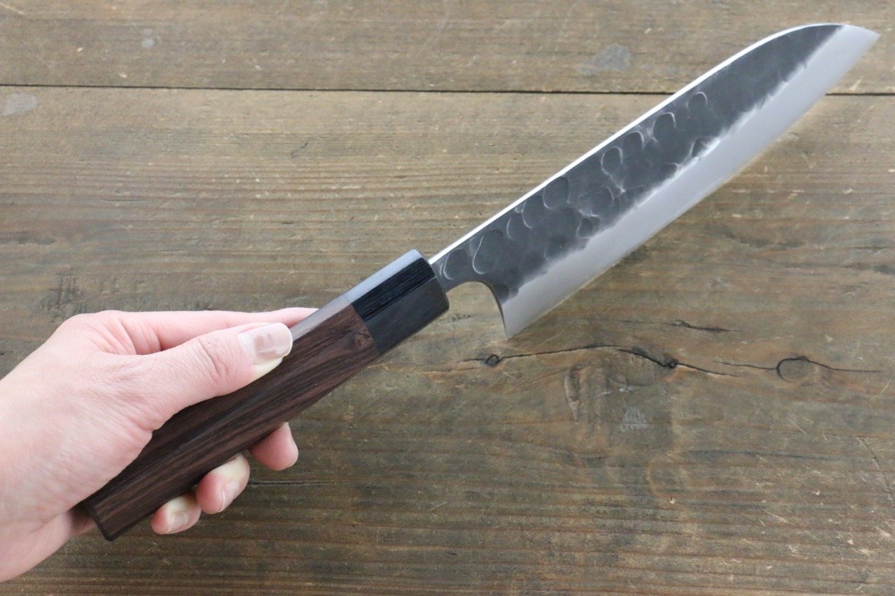 Seisuke Blue Steel No.2 Hammered Kurouchi Santoku 165mm Shitan Handle - Seisuke Knife