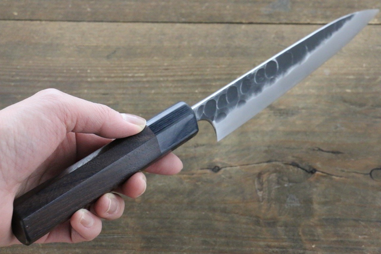 Seisuke Blue Steel No.2 Hammered Kurouchi Petty-Utility 150mm Shitan Handle - Seisuke Knife