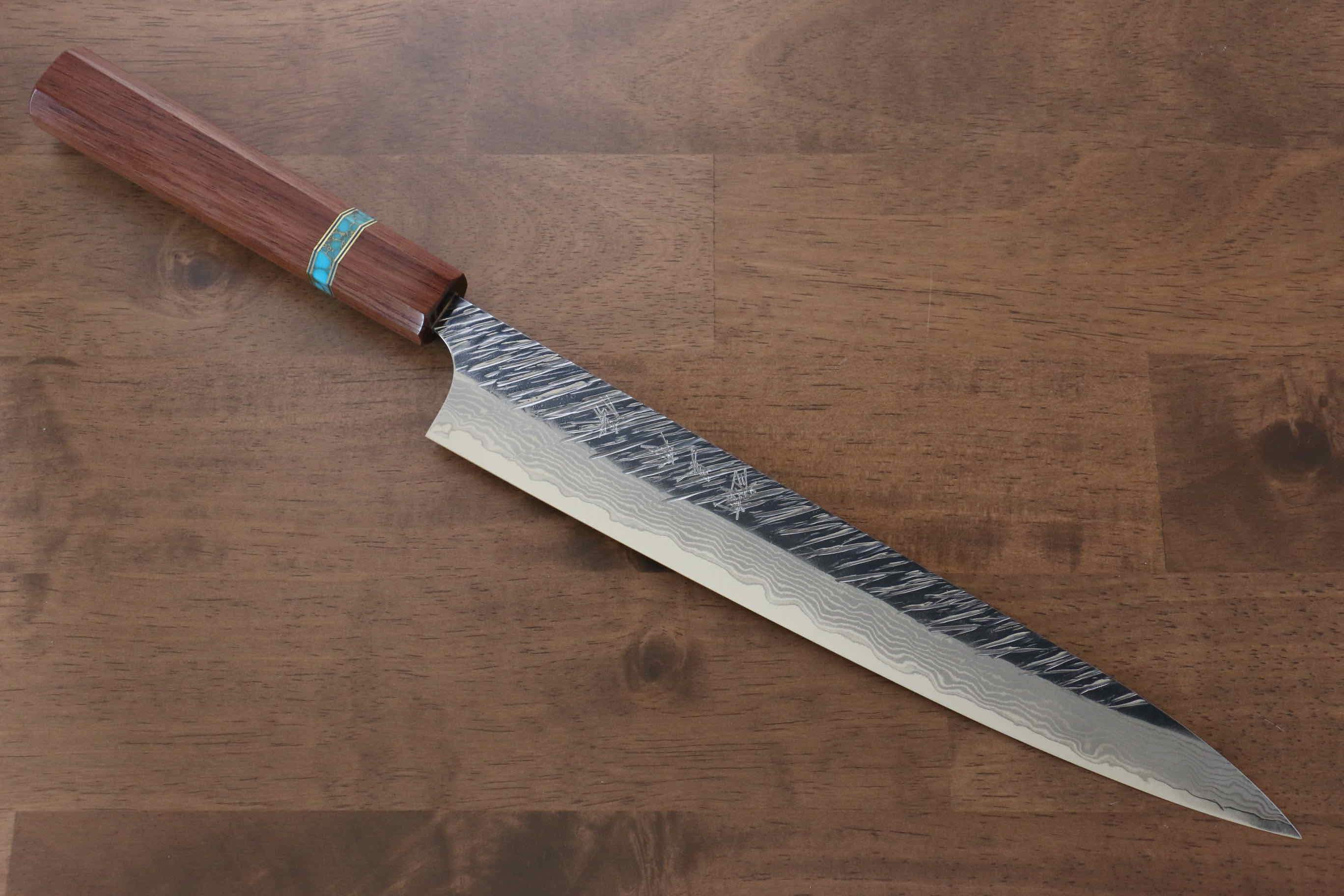 Yu Kurosaki Fujin VG10 Hammered Sujihiki 270mm Maple(With turquoise ring Brown) Handle - Seisuke Knife