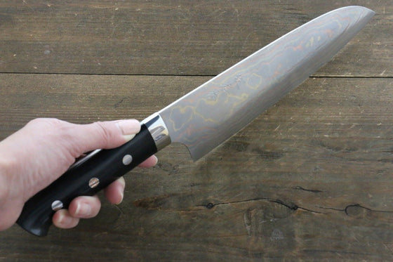 Takeshi Saji Blue Steel No.2 Colored Damascus Santoku 180mm Black Micarta Handle - Seisuke Knife