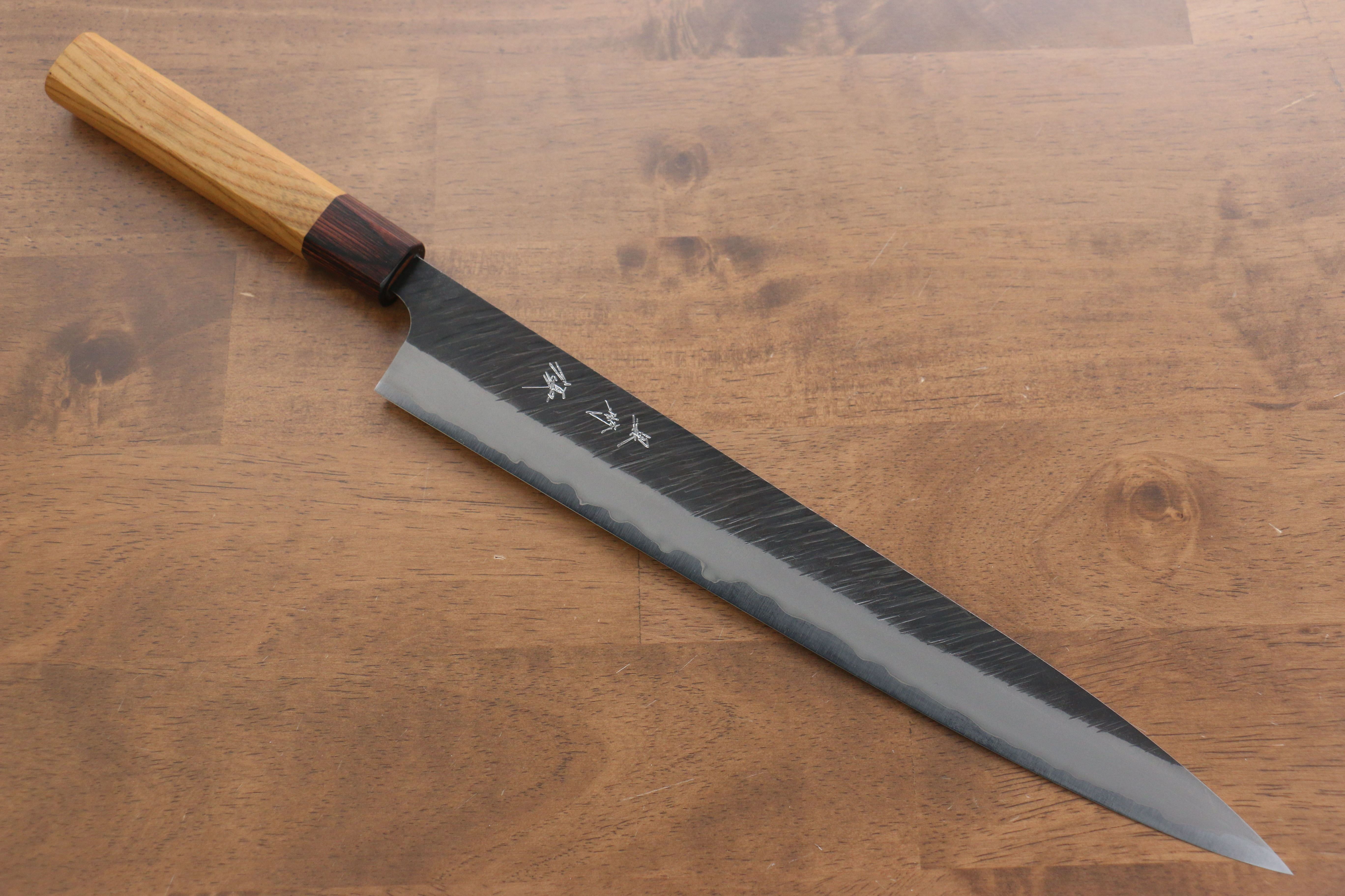 Yu Kurosaki Fujin Blue Super Hammered Sujihiki 300mm Keyaki Elm Handle - Seisuke Knife