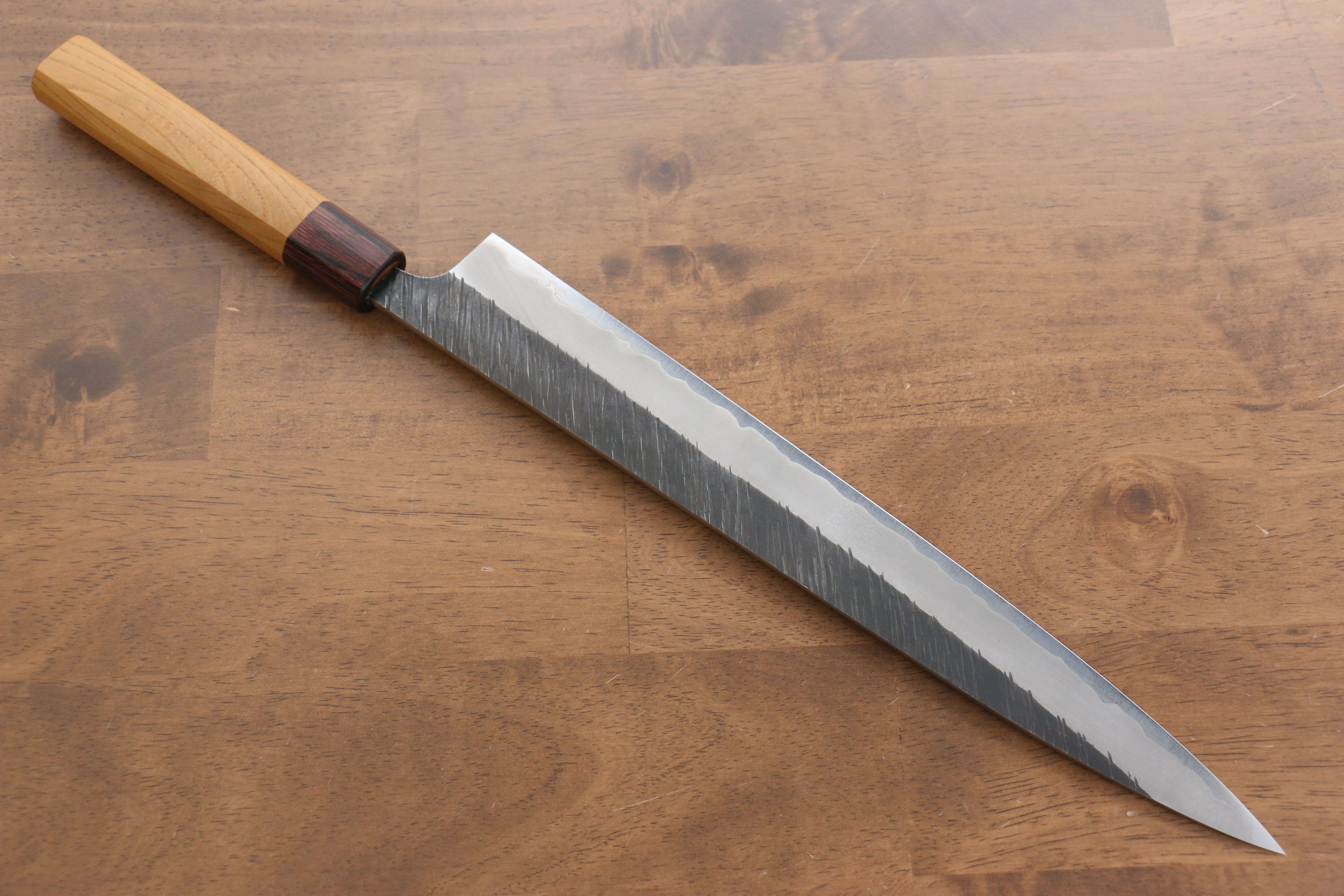 Yu Kurosaki Fujin Blue Super Hammered Sujihiki 300mm Keyaki Elm Handle - Seisuke Knife