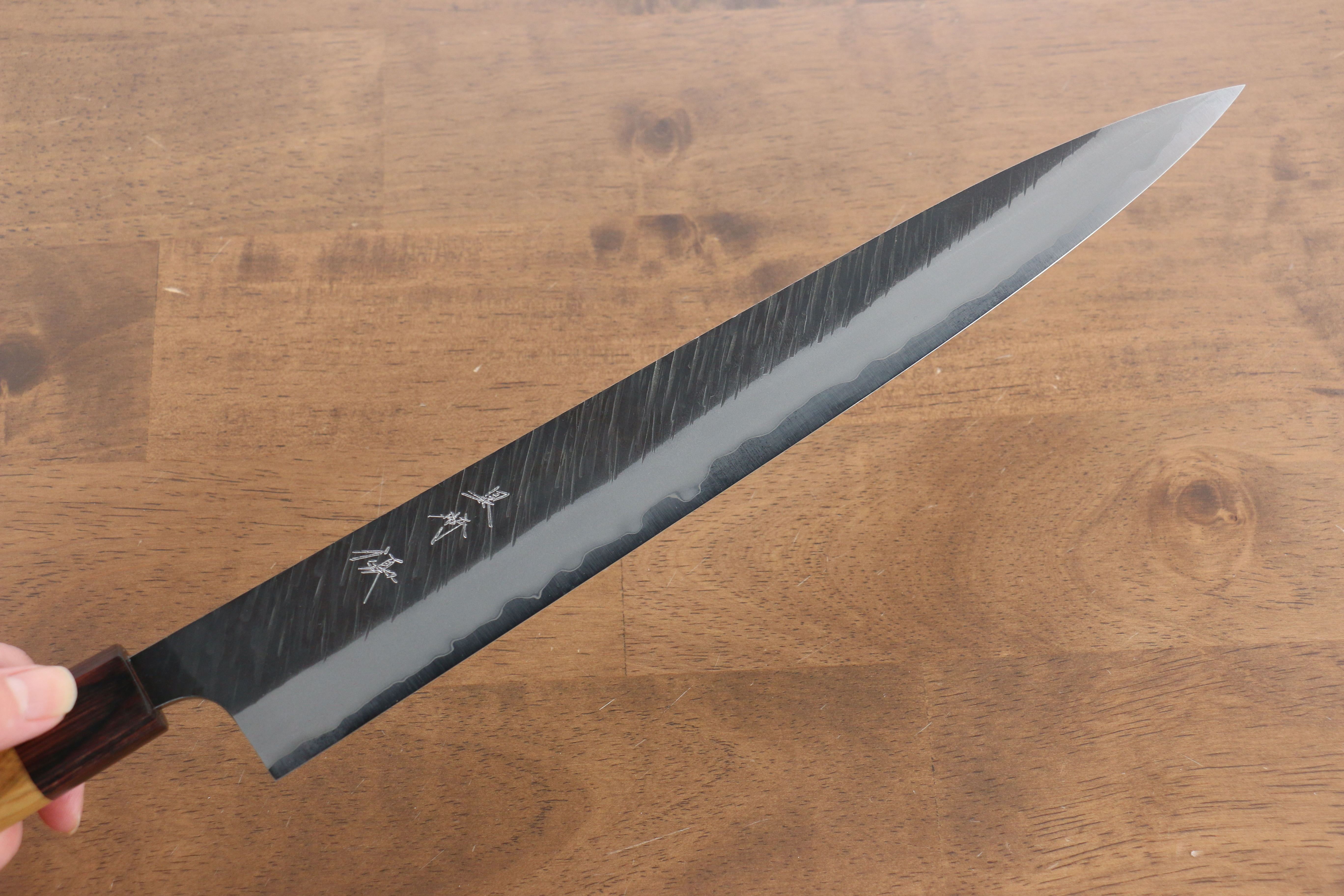 Yu Kurosaki Fujin Blue Super Hammered Sujihiki 300mm Keyaki Elm Handle - Seisuke Knife