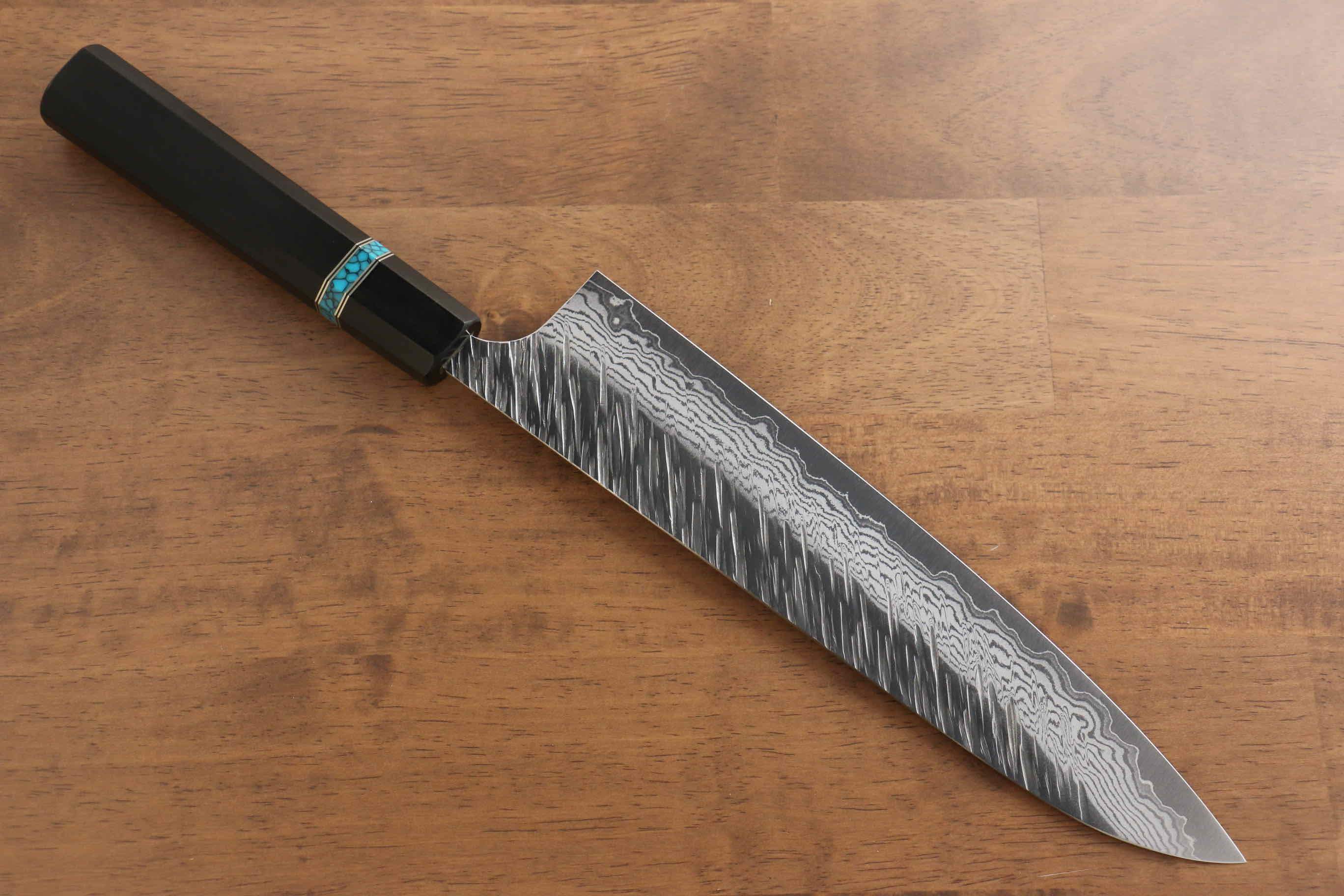 Yu Kurosaki Fujin VG10 Hammered Gyuto 240mm Ebony Wood(With Turquoise Ring) Handle - Seisuke Knife
