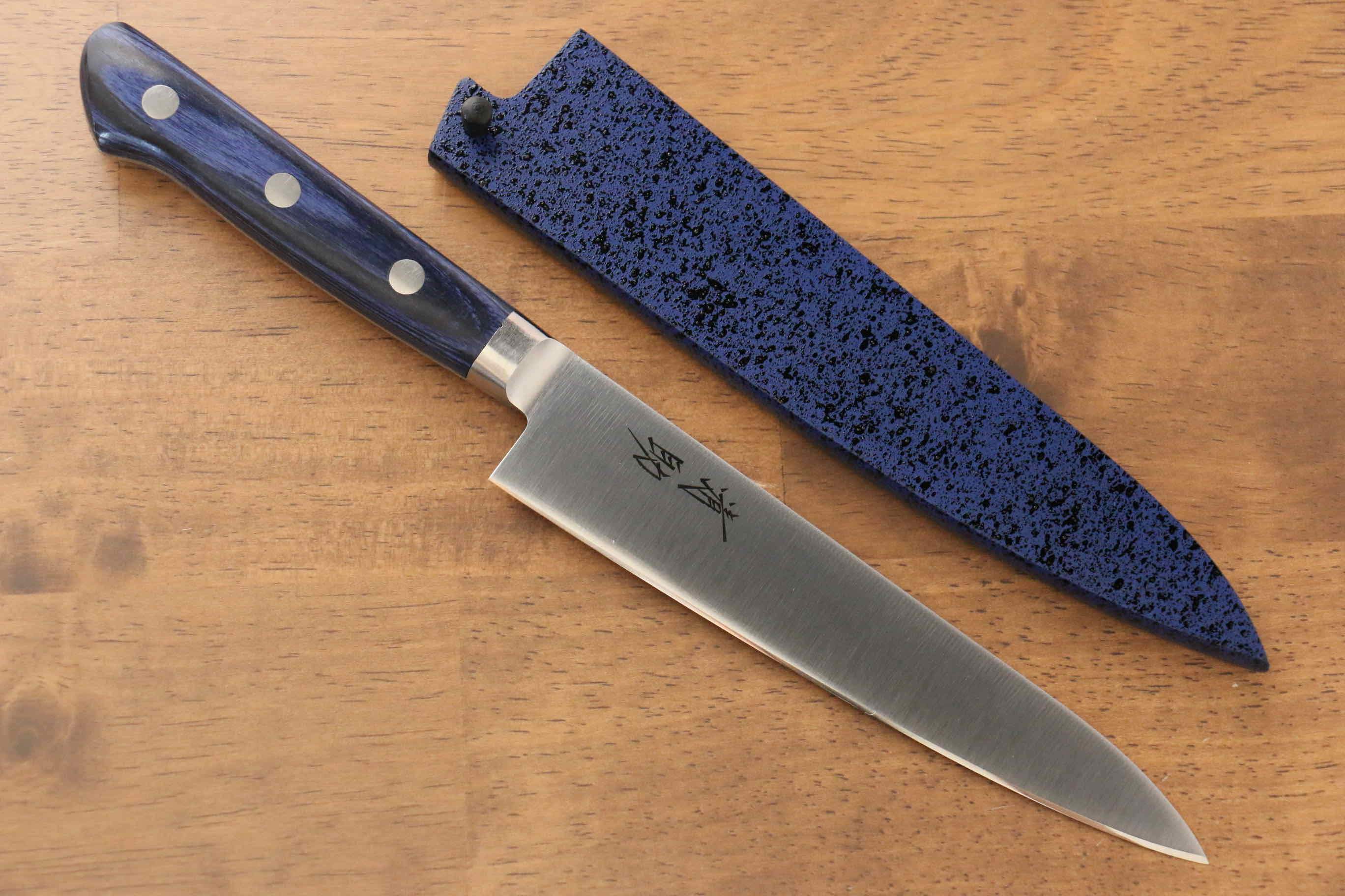 Seisuke Seiten Molybdenum Petty-Utility 150mm Blue Pakkawood Handle with Sheath - Seisuke Knife