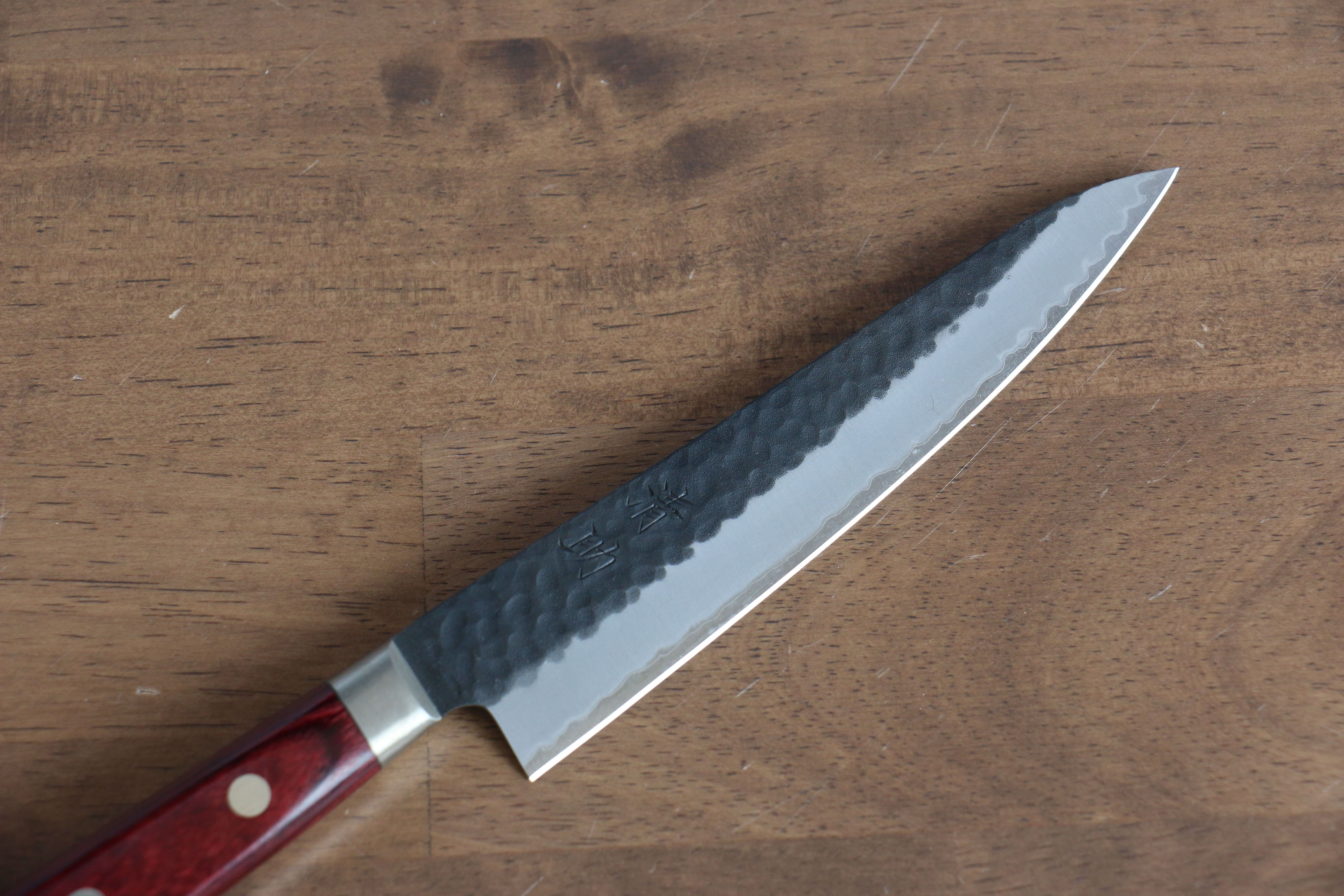 Seisuke Blue Super Hammered Kurouchi Petty-Utility 135mm Red Pakkawood Handle - Seisuke Knife