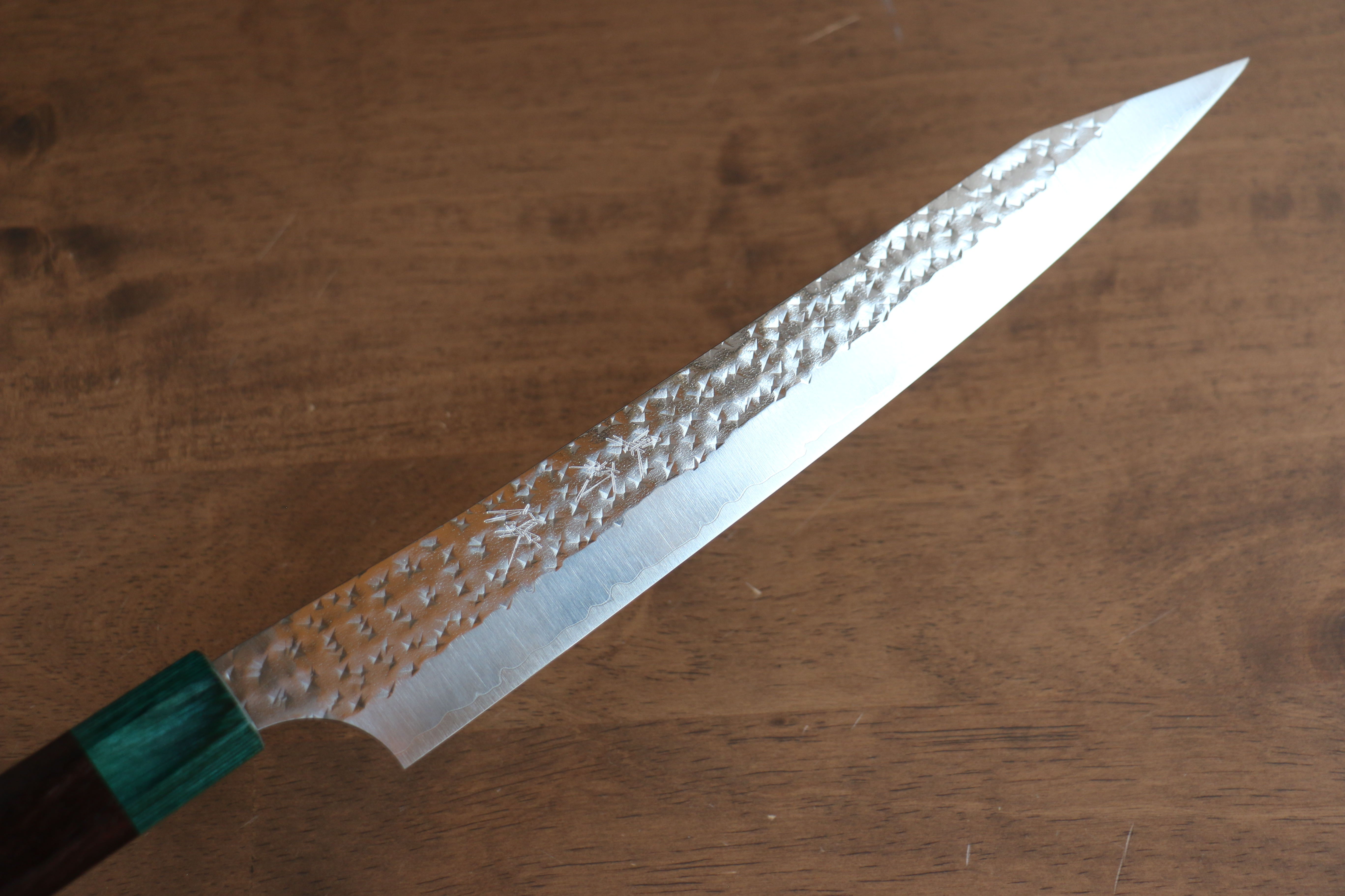 Yu Kurosaki Senko Ei SG2 Hammered Sujihiki 240mm Shitan (ferrule: Green Pakka wood) Handle - Seisuke Knife