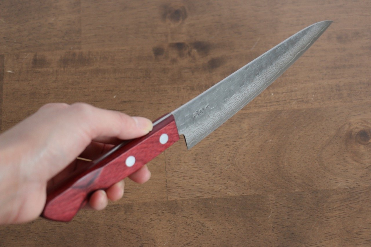 Nao Yamamoto VG10 Hammered Damascus Nashiji Petty-Utility 160mm Red Pakkawood Handle - Seisuke Knife