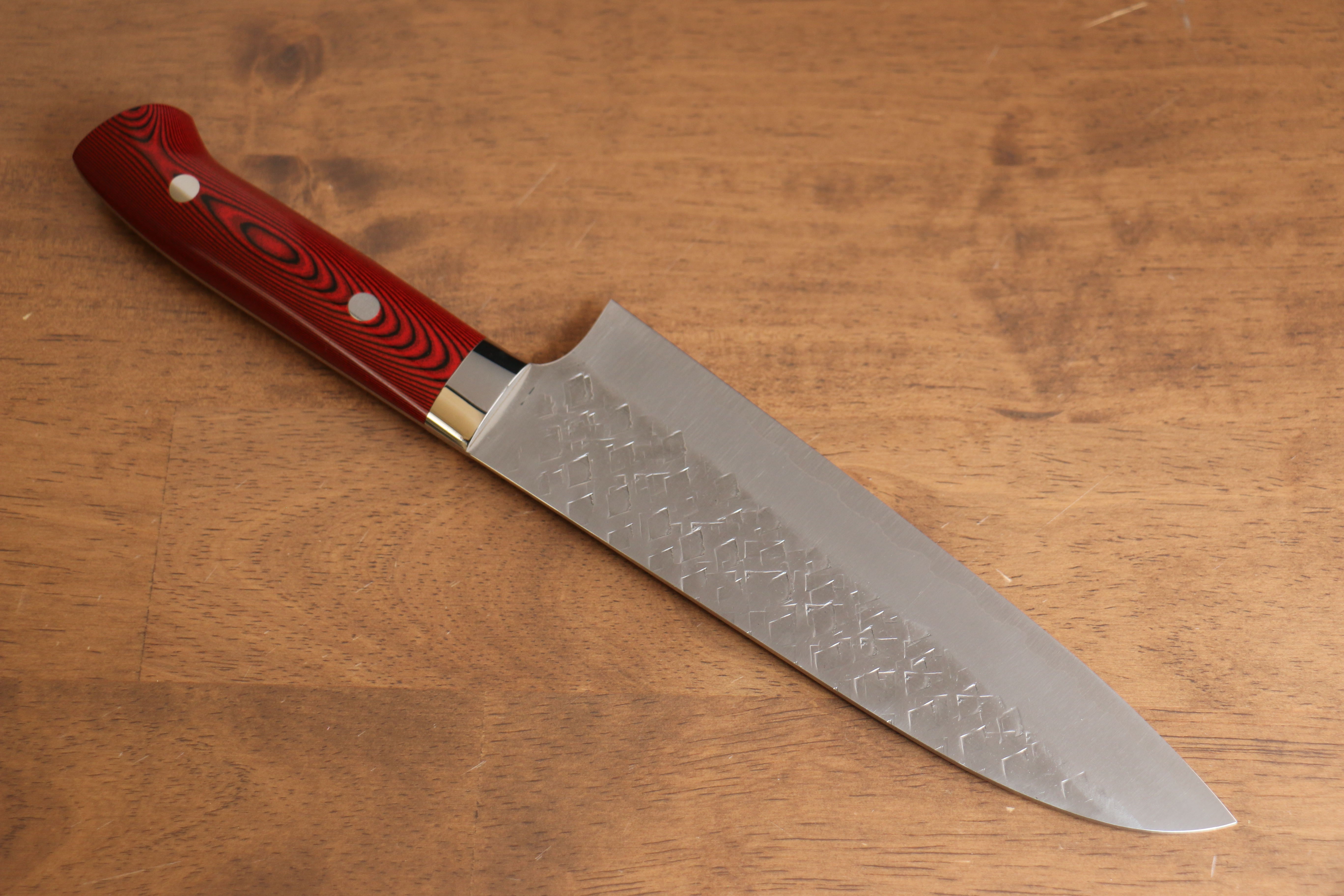 Takeshi Saji SRS13 Hammered Santoku 165mm Red Micarta Handle - Seisuke Knife
