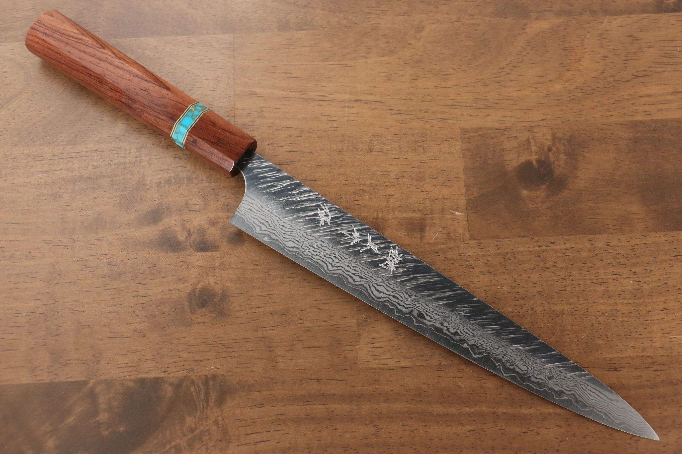 Yu Kurosaki Fujin VG10 Hammered Sujihiki 240mm Maple(With turquoise ring Brown) Handle - Seisuke Knife