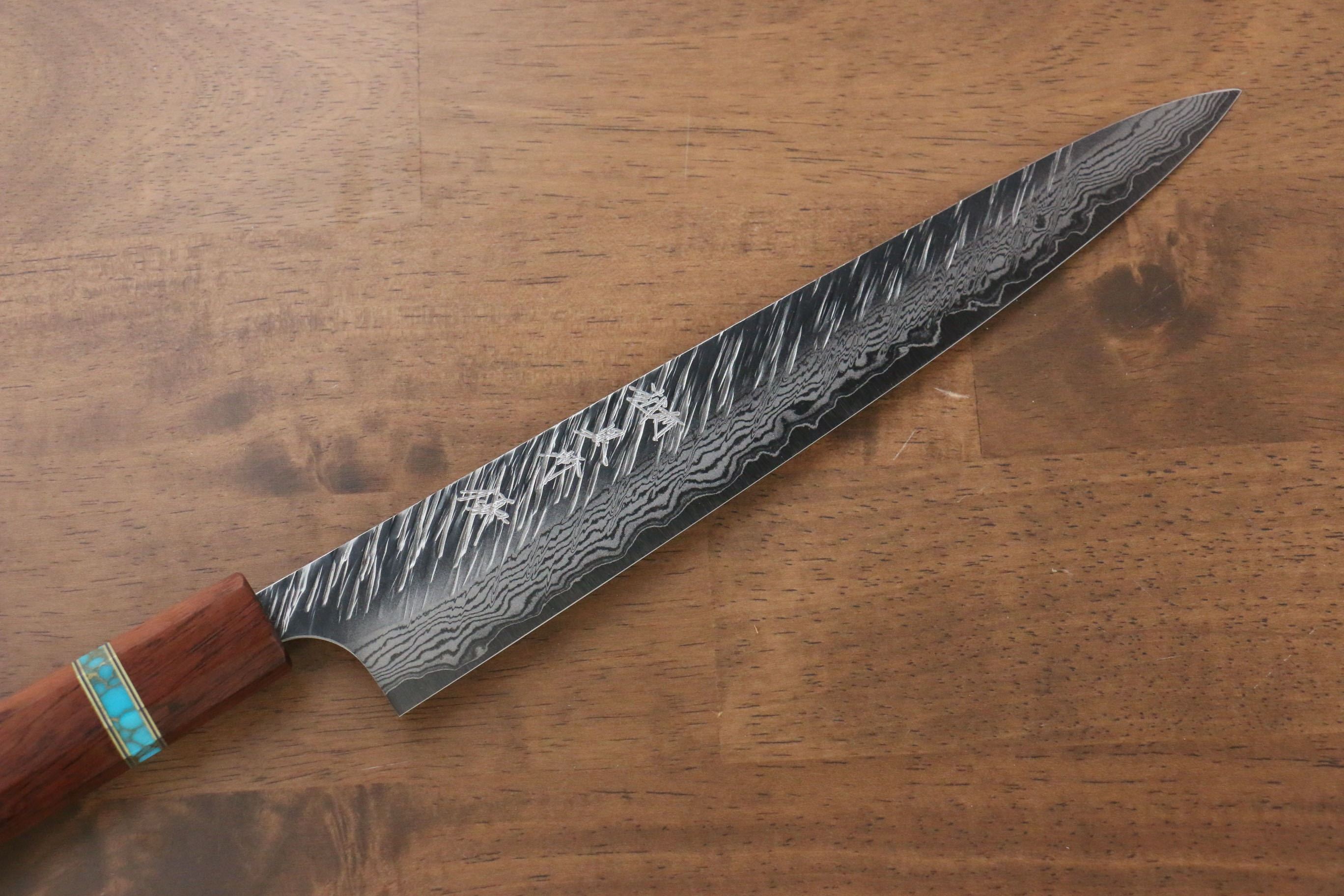 Yu Kurosaki Fujin VG10 Hammered Sujihiki 240mm Maple(With turquoise ring Brown) Handle - Seisuke Knife