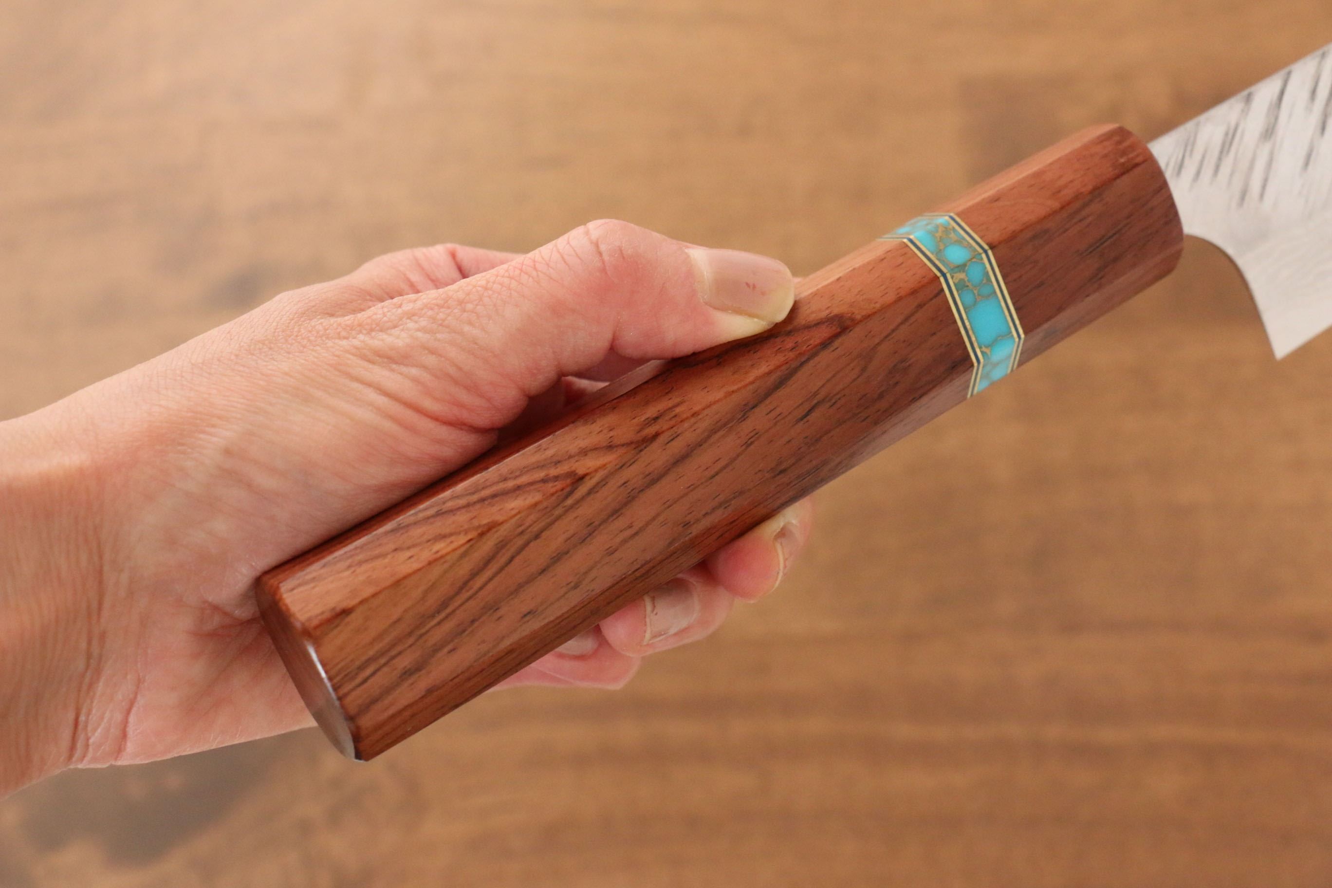 Yu Kurosaki Fujin VG10 Hammered Sujihiki 240mm Maple(With turquoise ring Brown) Handle - Seisuke Knife