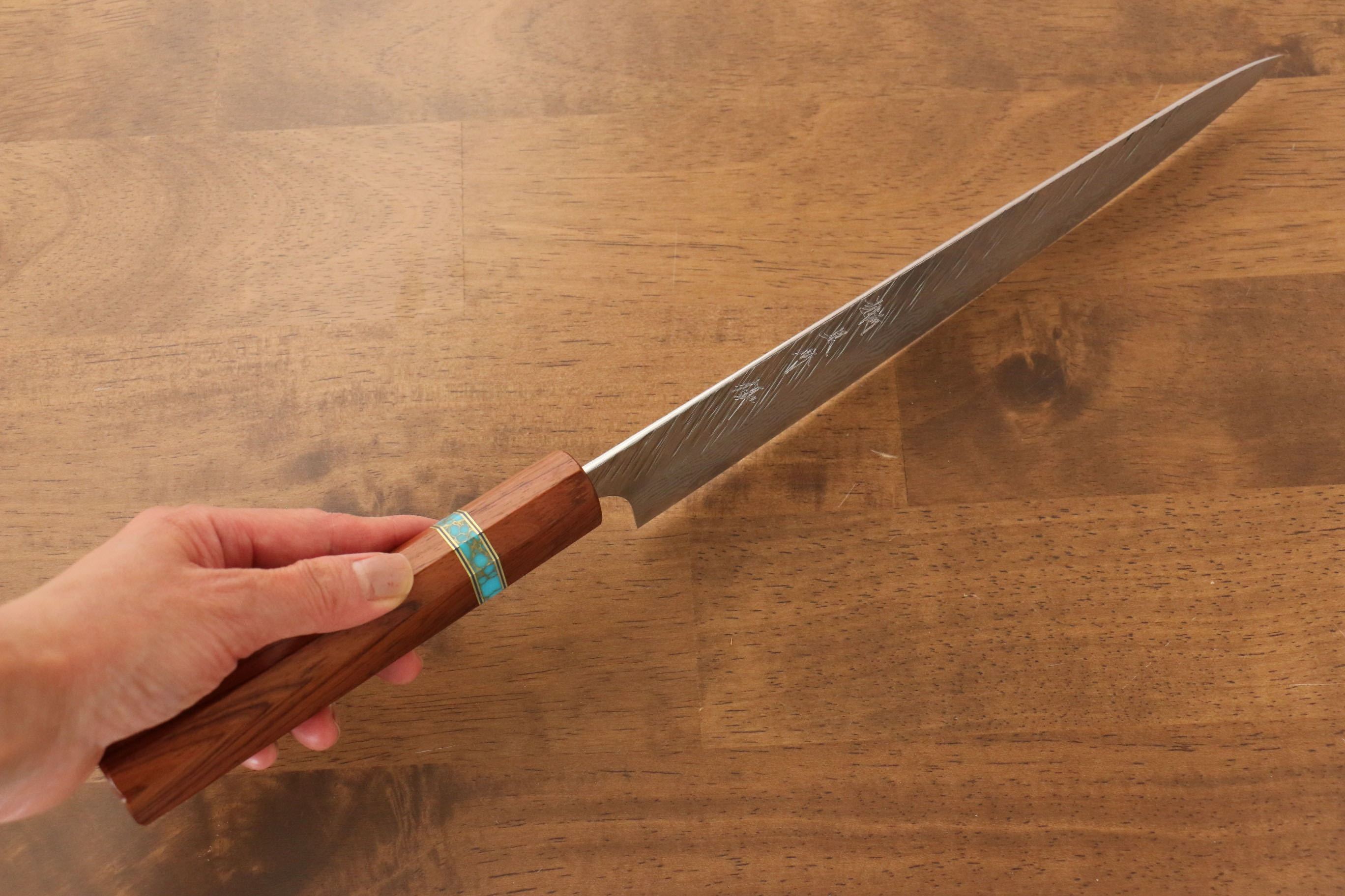 Yu Kurosaki Fujin VG10 Hammered Sujihiki 240mm Maple(With turquoise ring Brown) Handle - Seisuke Knife
