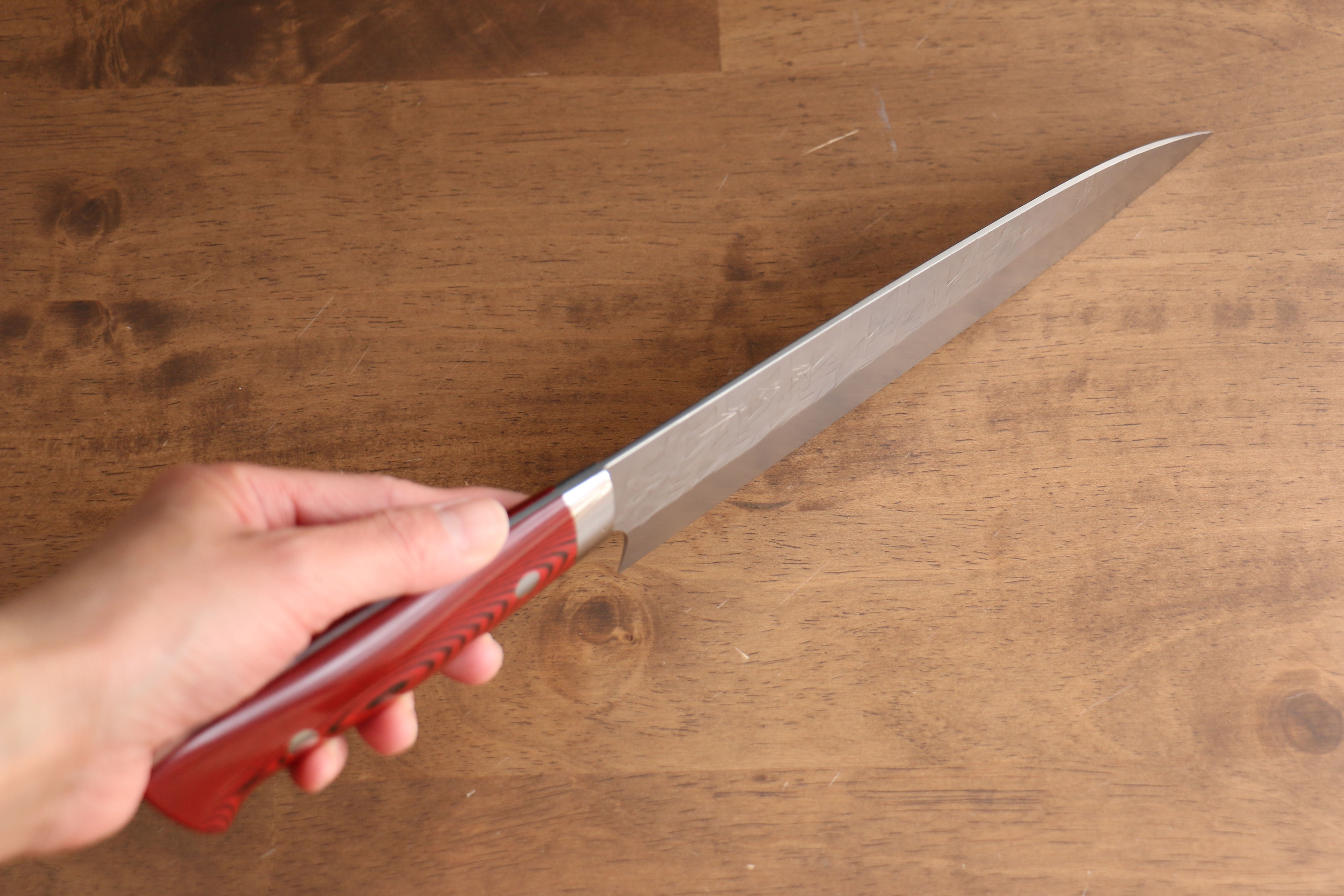 Takeshi Saji SRS13 Hammered Gyuto 210mm Red Micarta Handle - Seisuke Knife
