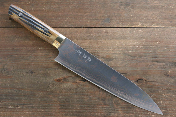 Takeshi Saji Blue Steel No.2 Colored Damascus Gyuto 210mm Brown Cow Bone Handle - Seisuke Knife