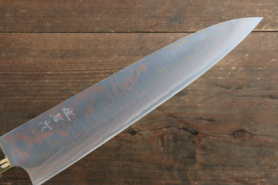 Takeshi Saji Blue Steel No.2 Colored Damascus Gyuto 240mm Brown Cow Bone Handle - Seisuke Knife