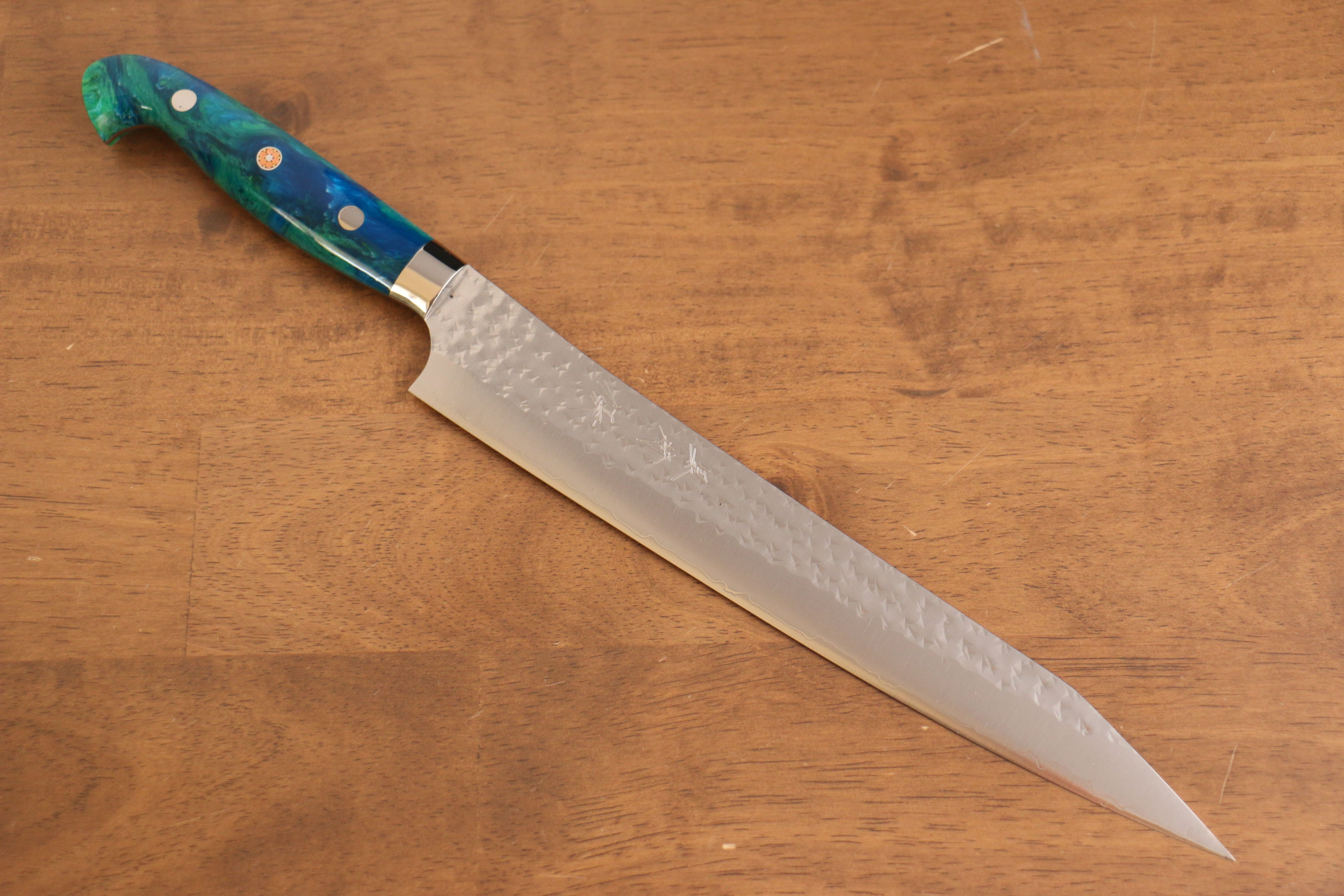 Yu Kurosaki Senko Ei SG2 Hammered Sujihiki 240mm Blue Green Acrylic Handle - Seisuke Knife