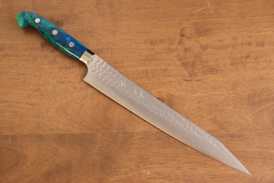 Yu Kurosaki Senko Ei SG2 Hammered Sujihiki 240mm Blue Green Acrylic Handle - Seisuke Knife