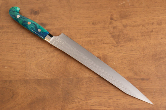 Yu Kurosaki Senko Ei SG2 Hammered Sujihiki 240mm Blue Green Acrylic Handle - Seisuke Knife