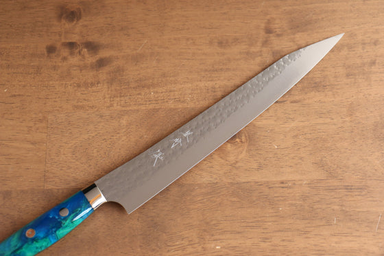 Yu Kurosaki Senko Ei SG2 Hammered Sujihiki 240mm Blue Green Acrylic Handle - Seisuke Knife