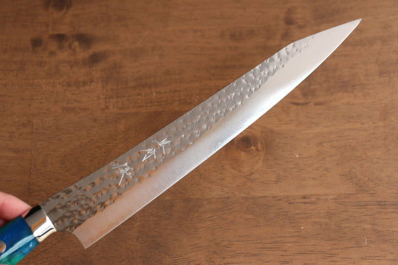 Yu Kurosaki Senko Ei SG2 Hammered Sujihiki 240mm Blue Green Acrylic Handle - Seisuke Knife