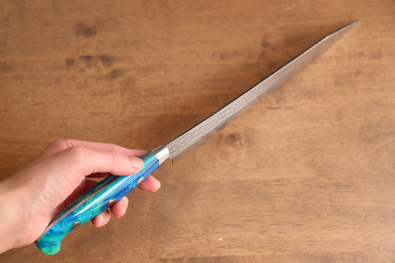 Yu Kurosaki Senko Ei SG2 Hammered Sujihiki 240mm Blue Green Acrylic Handle - Seisuke Knife