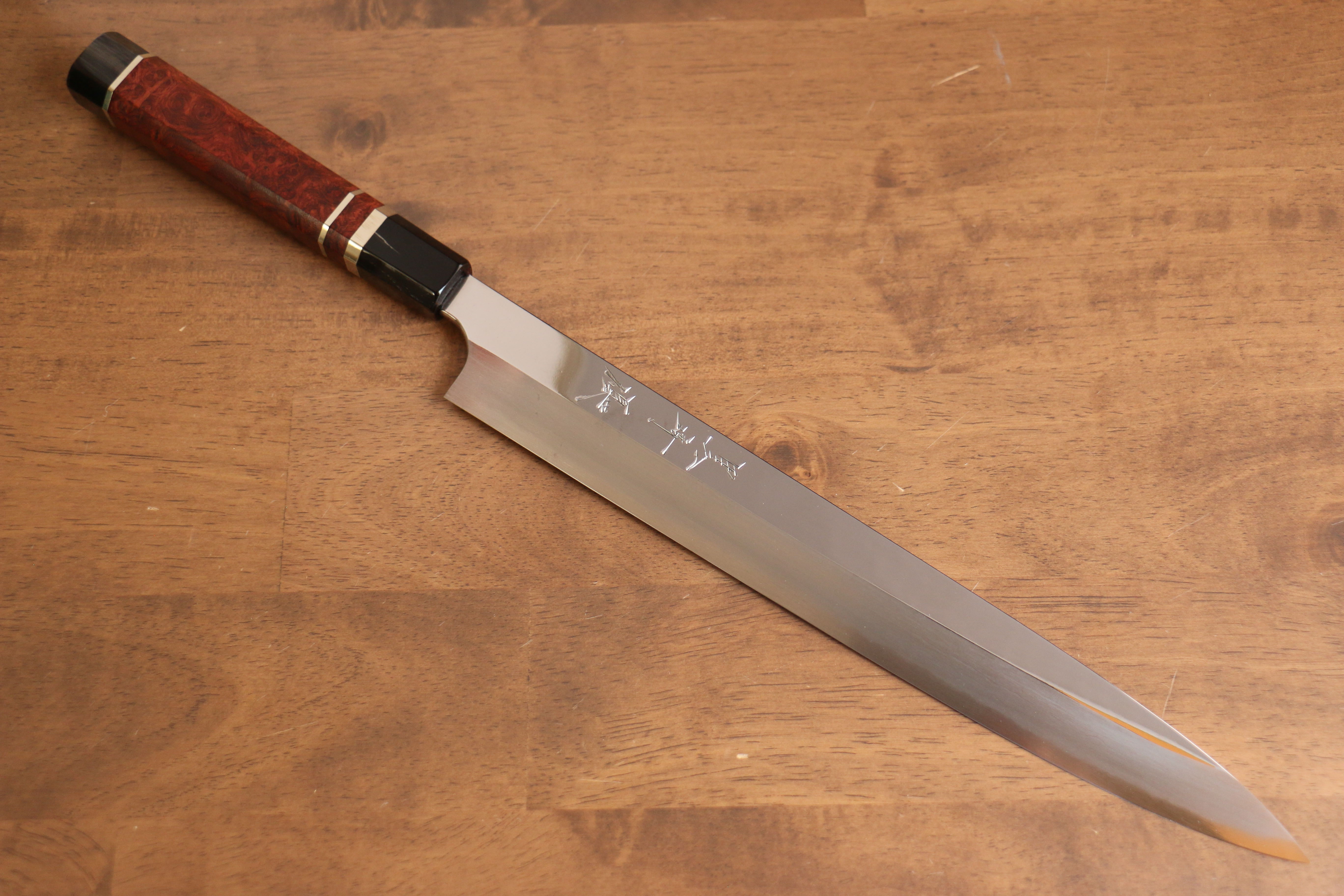 Yu Kurosaki Blue Steel No.2 Mirrored Finish Yanagiba 300mm Chinese Quince with Double Water Buffalo Ring Handle with Sheath - Seisuke Knife