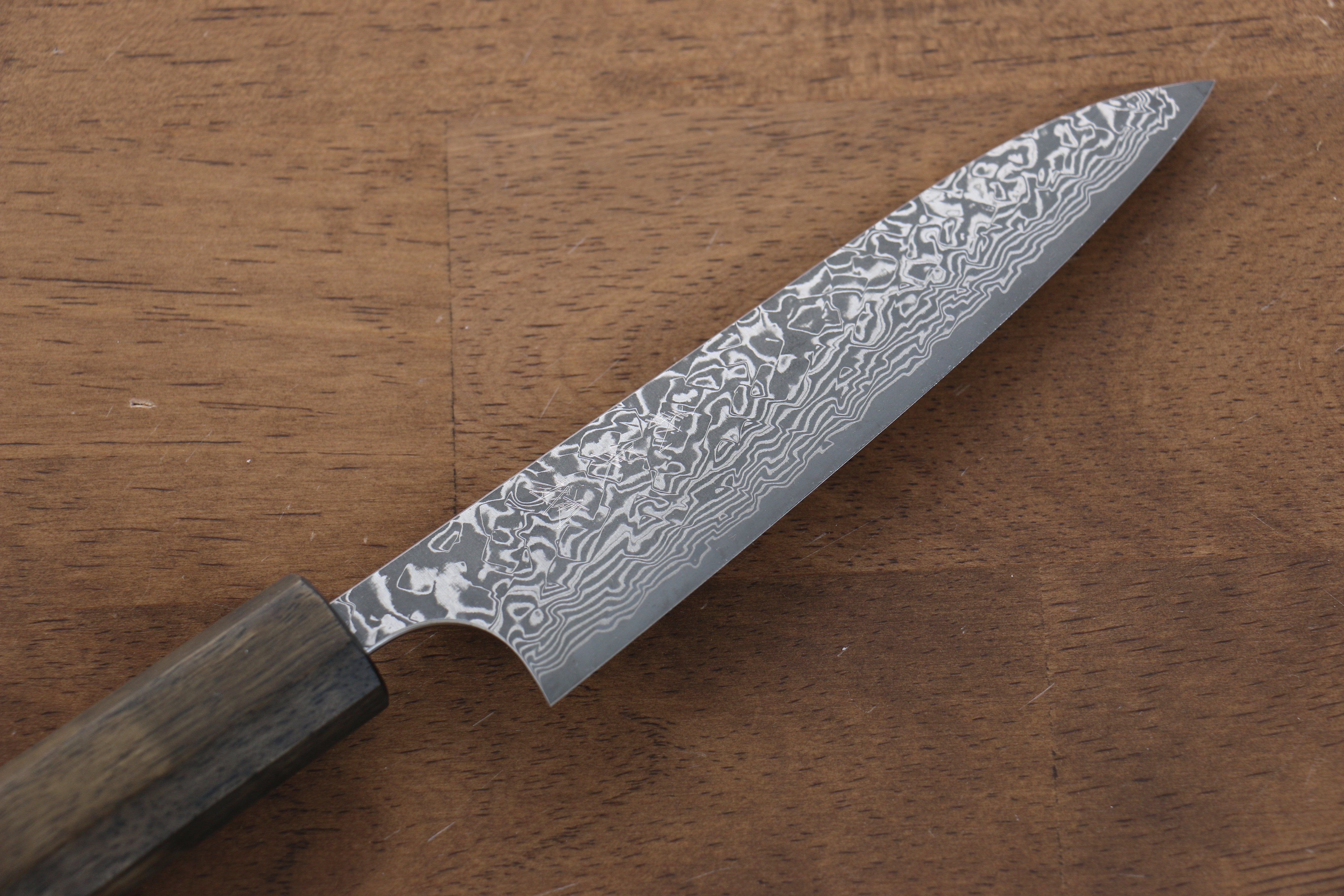 Yoshimi Kato VG10 Black Damascus Petty-Utility 120mm Black Persimmon Black Lacquered Handle - Seisuke Knife