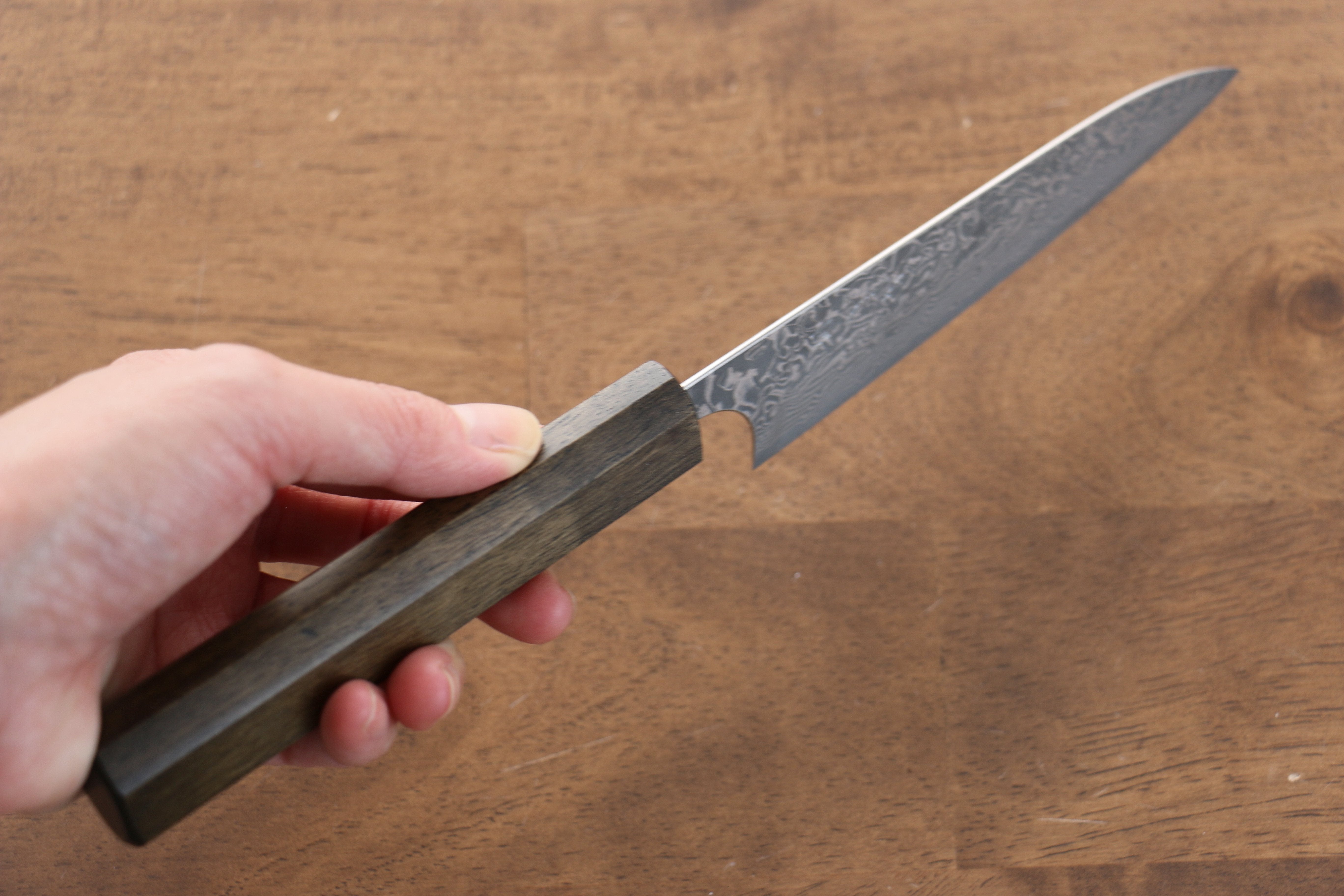 Yoshimi Kato VG10 Black Damascus Petty-Utility 120mm Black Persimmon Black Lacquered Handle - Seisuke Knife