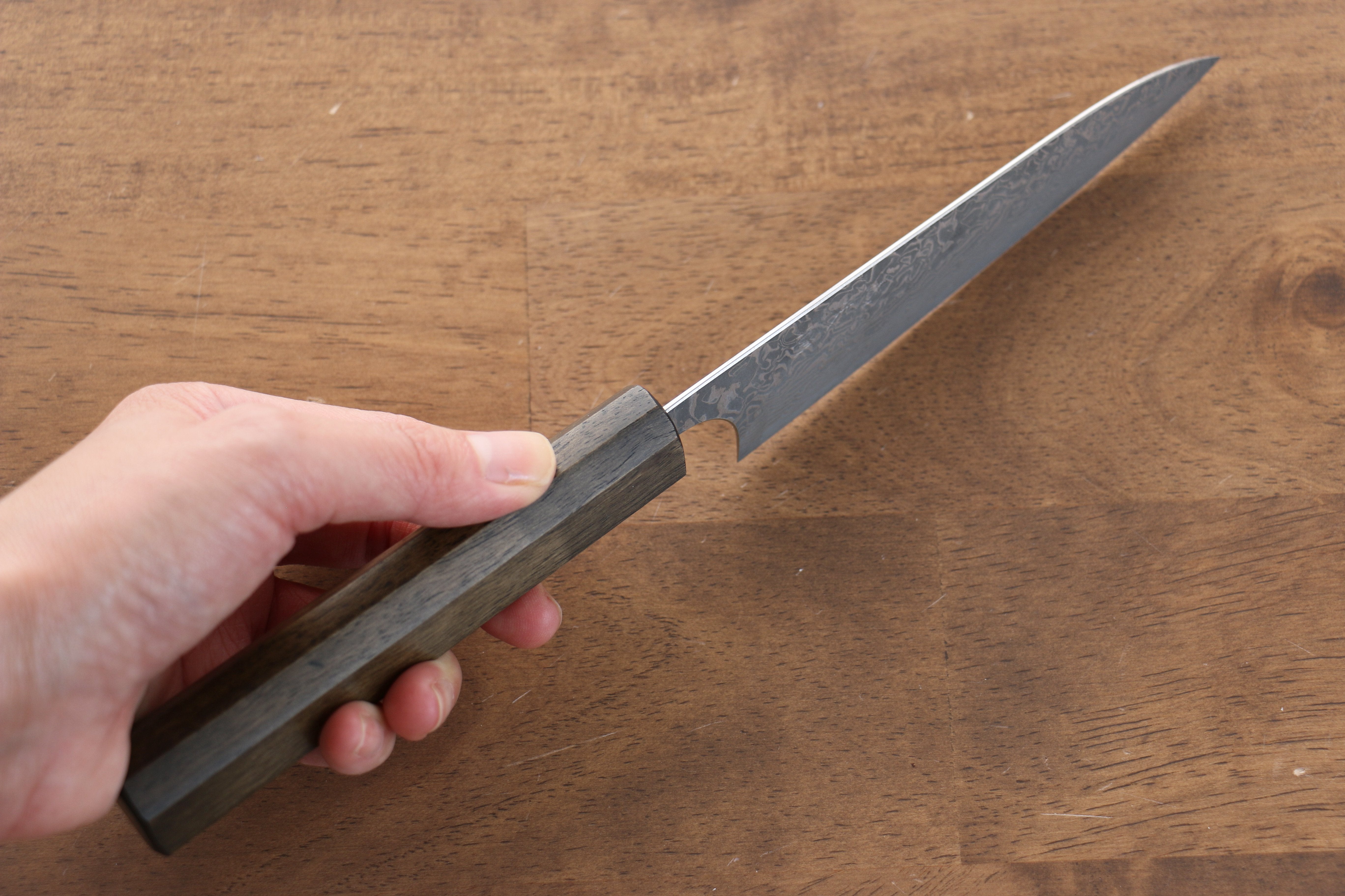 Yoshimi Kato VG10 Black Damascus Petty-Utility 120mm Black Persimmon Black Lacquered Handle - Seisuke Knife