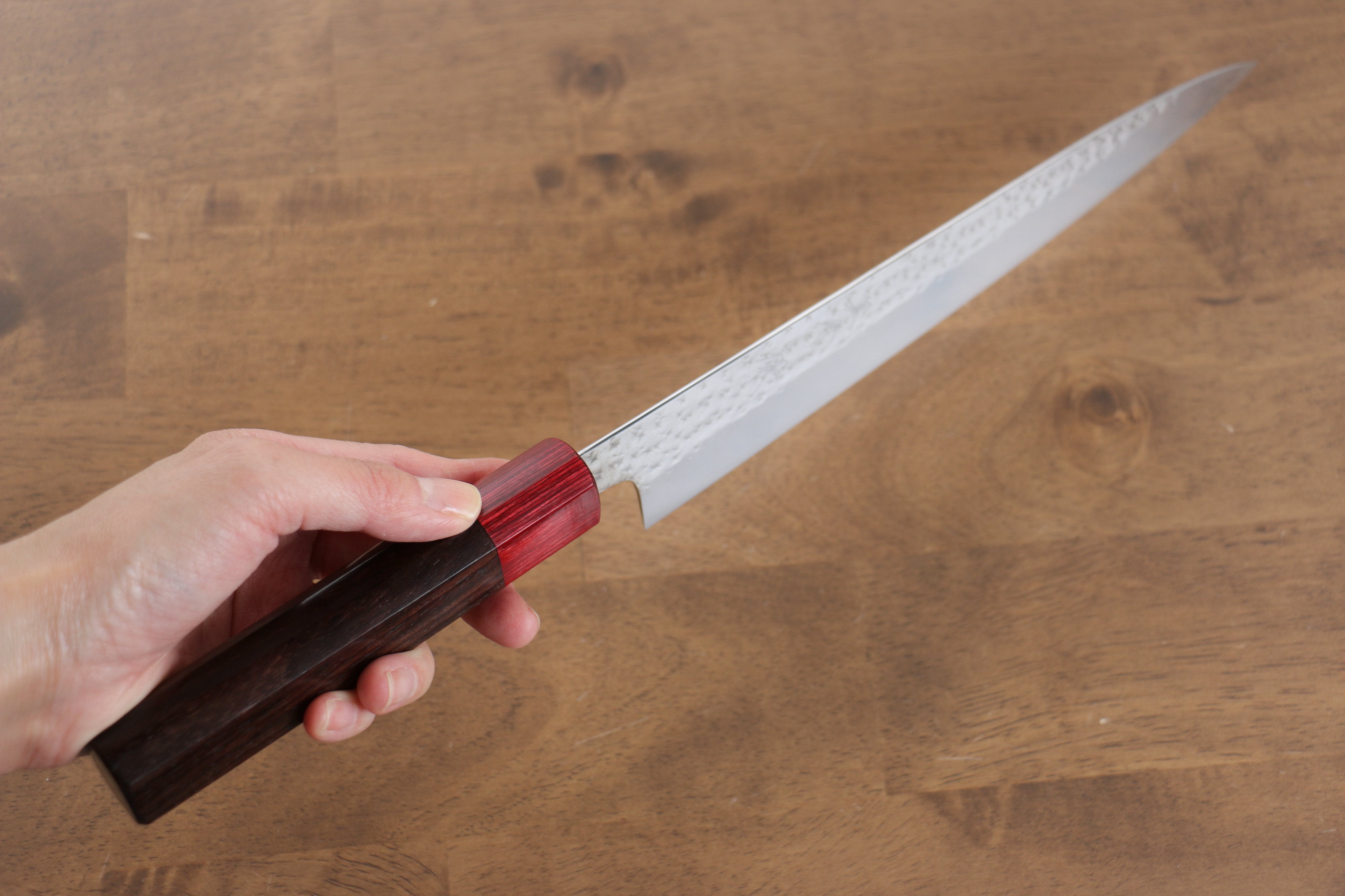 Yu Kurosaki Senko SG2 Hammered Sujihiki 240mm Shitan (ferrule: Red Pakka wood) Handle - Seisuke Knife