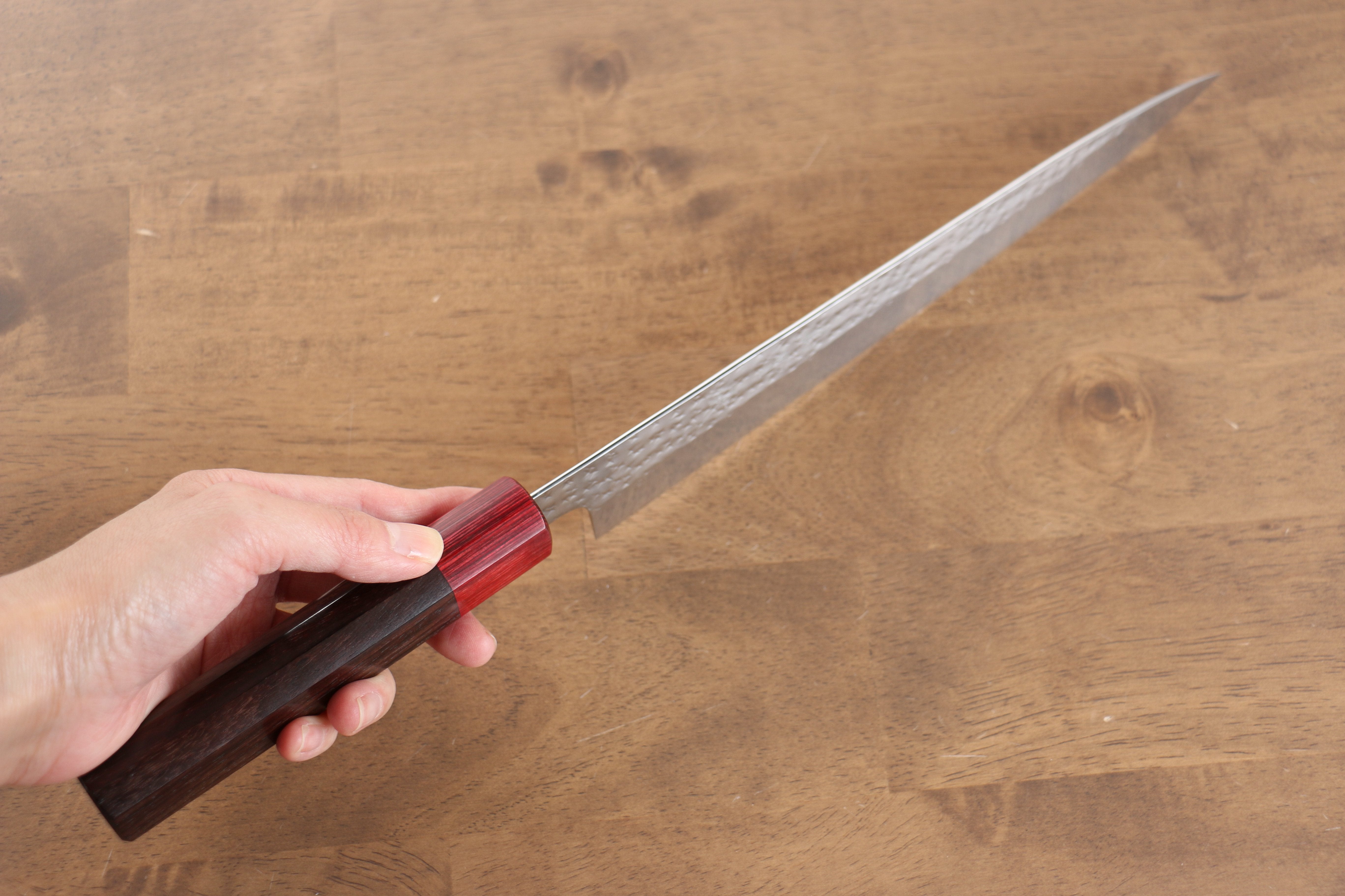 Yu Kurosaki Senko SG2 Hammered Sujihiki 240mm Shitan (ferrule: Red Pakka wood) Handle - Seisuke Knife