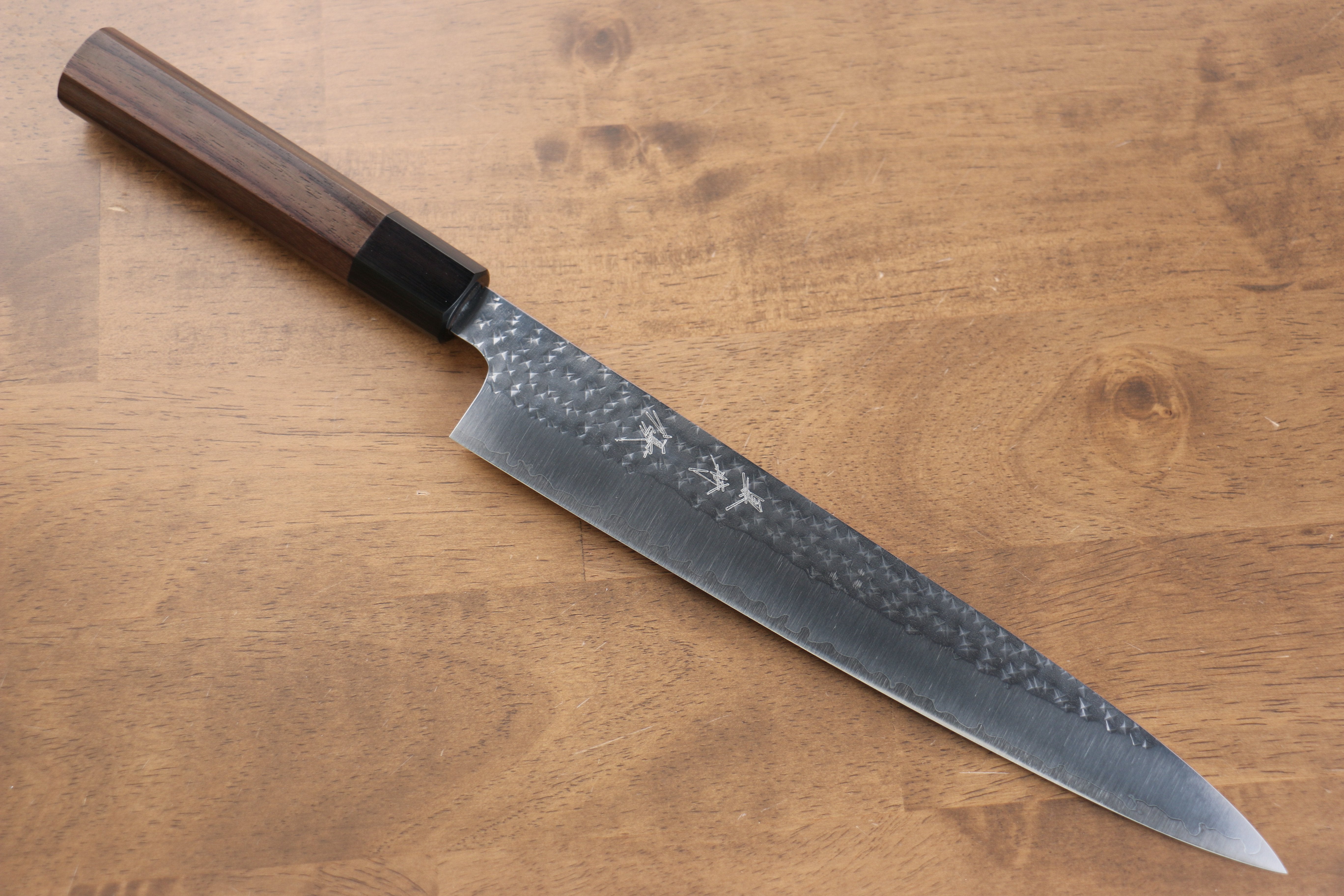 Yu Kurosaki Senko SG2 Hammered Sujihiki 240mm Shitan (ferrule: Black Pakka wood) Handle - Seisuke Knife
