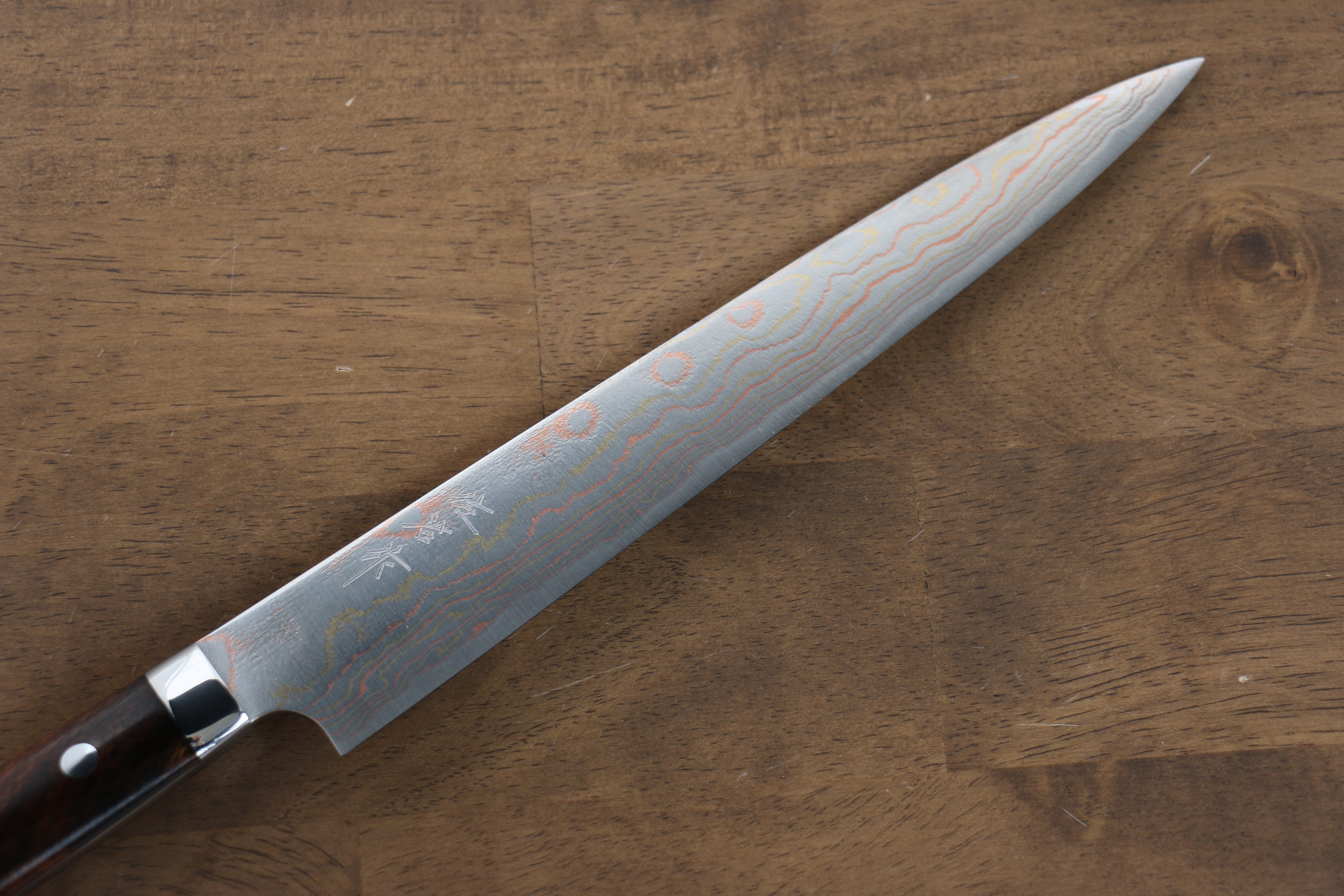 Takeshi Saji Blue Steel No.2 Colored Damascus Sujihiki 240mm Ironwood Handle - Seisuke Knife