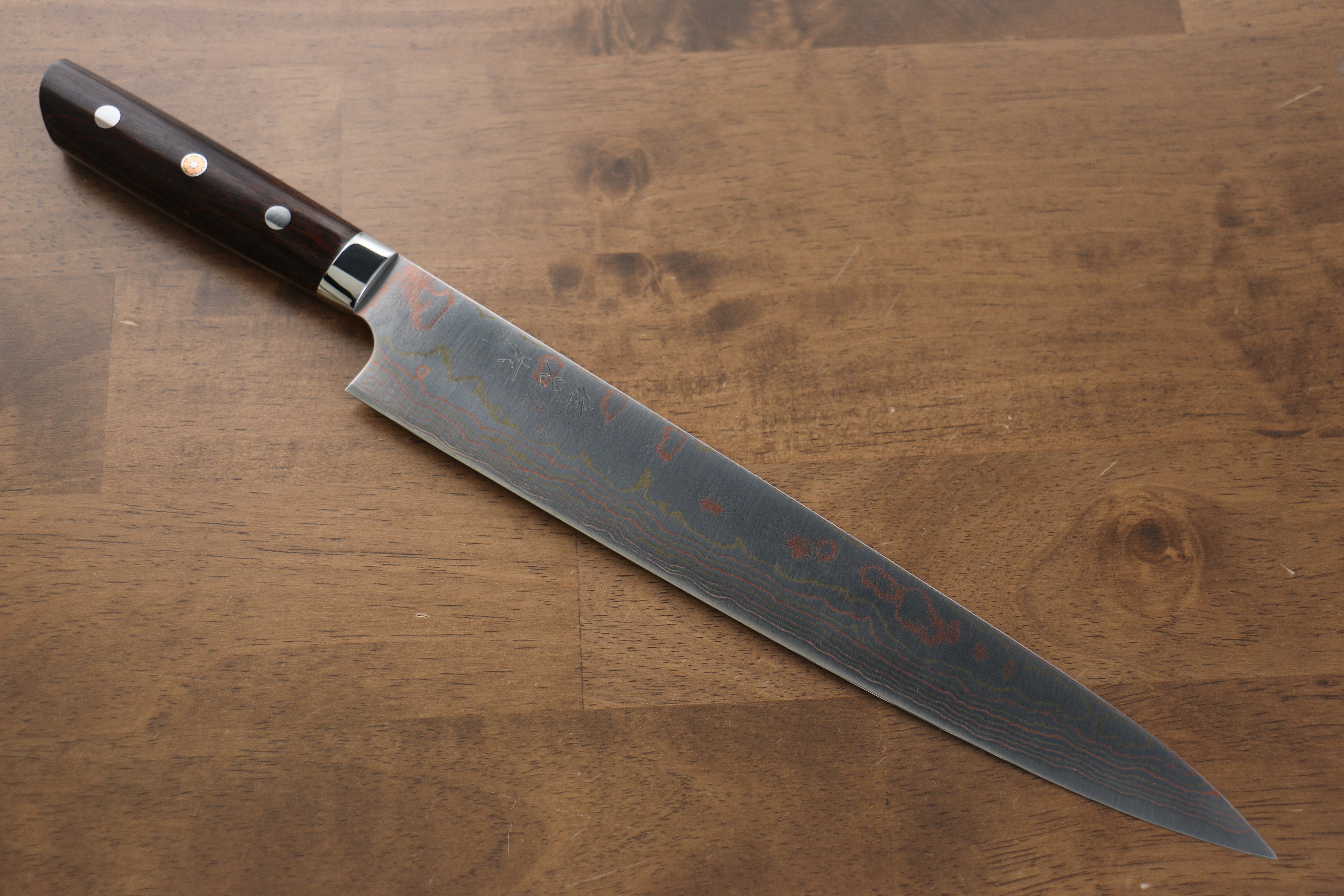 Takeshi Saji Blue Steel No.2 Colored Damascus Sujihiki 270mm Ironwood Handle - Seisuke Knife